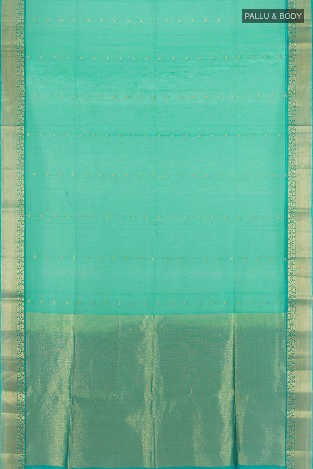 Flat view of Sea Green Silk Cotton Saree with Zari Butta on the body and Zari Border. 