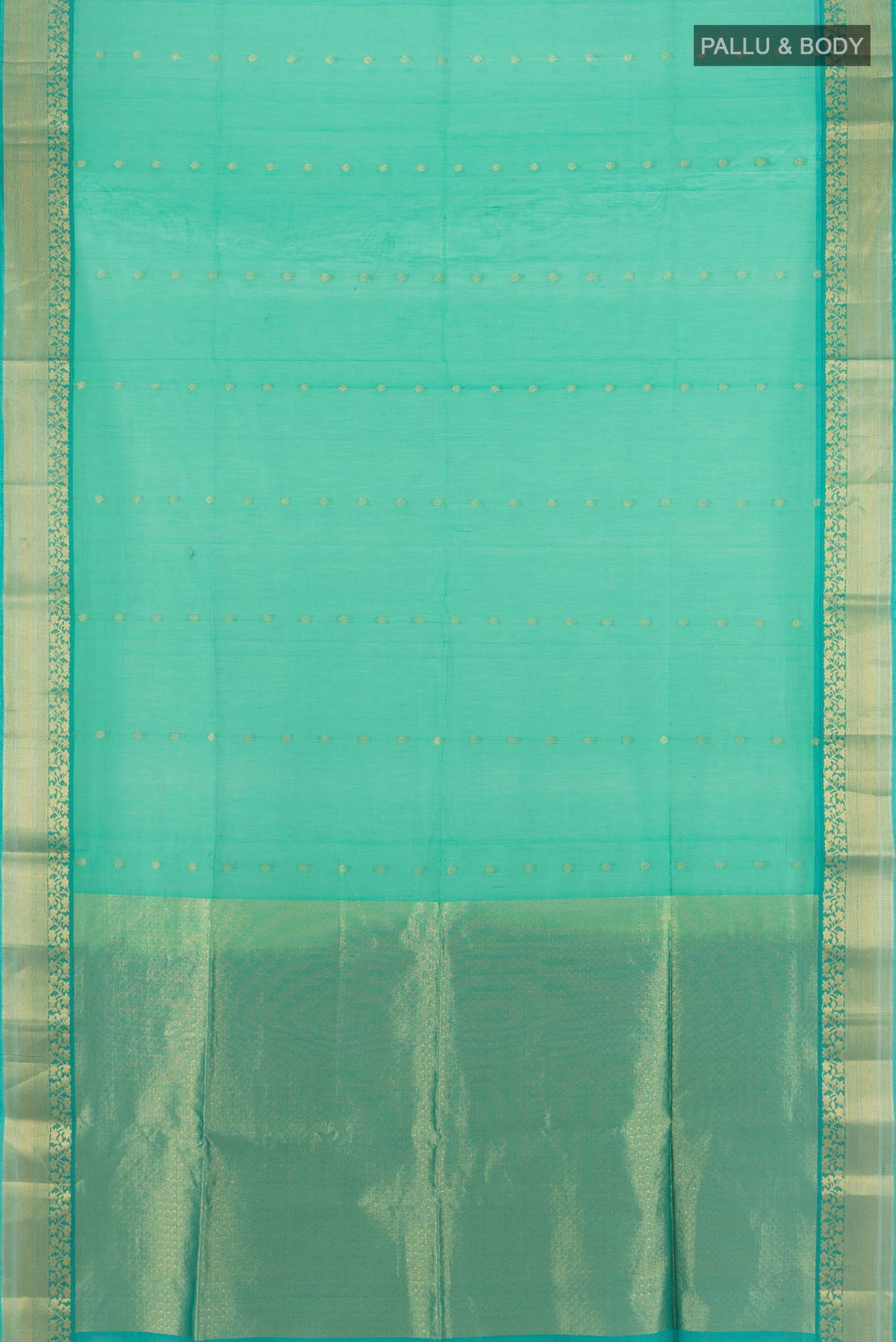 Flat view of Sea Green Silk Cotton Saree with Zari Butta on the body and Zari Border. 