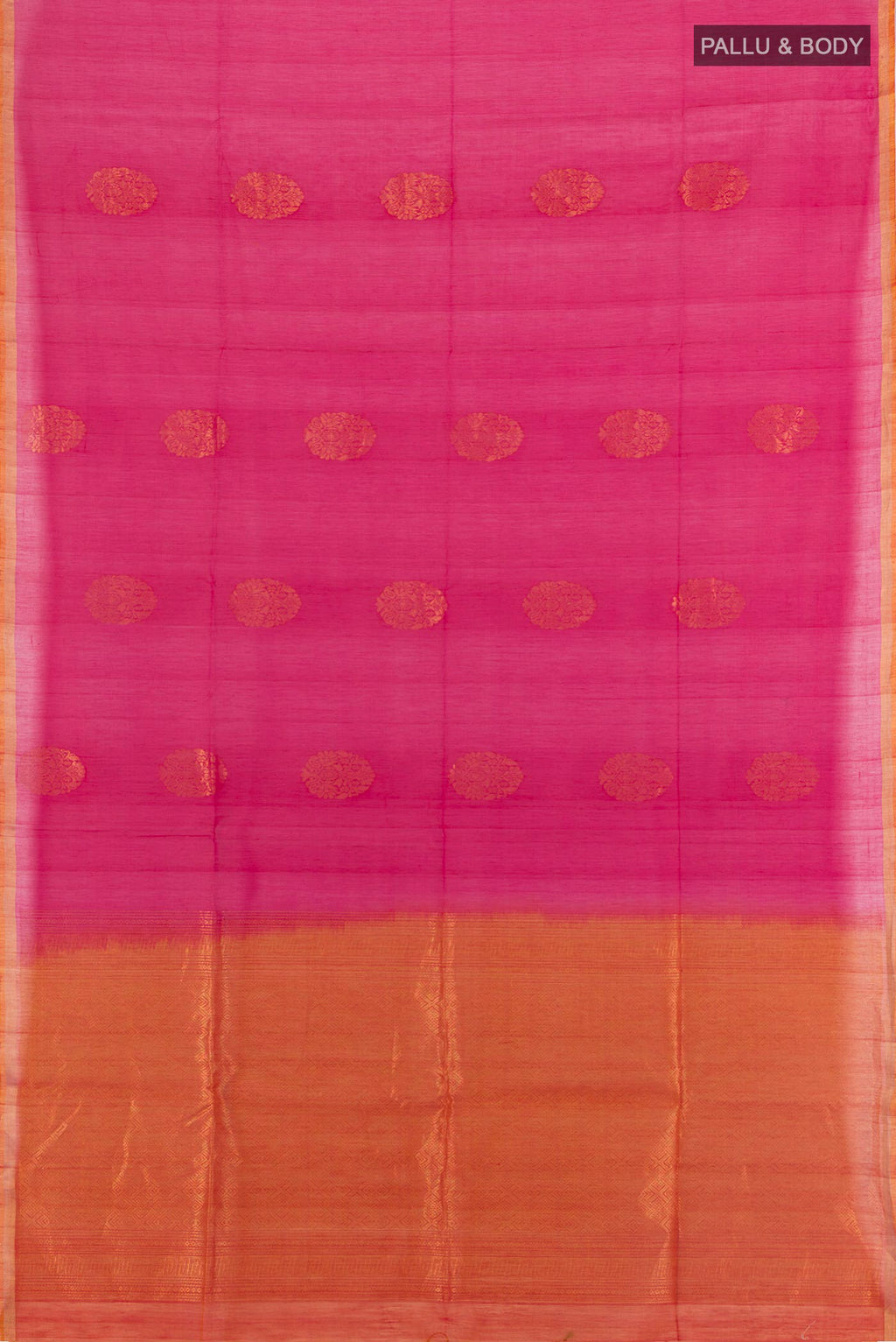 Flat view of Dark Pink Silk Cotton Saree with Zari Butta on the body and Zari Border. 