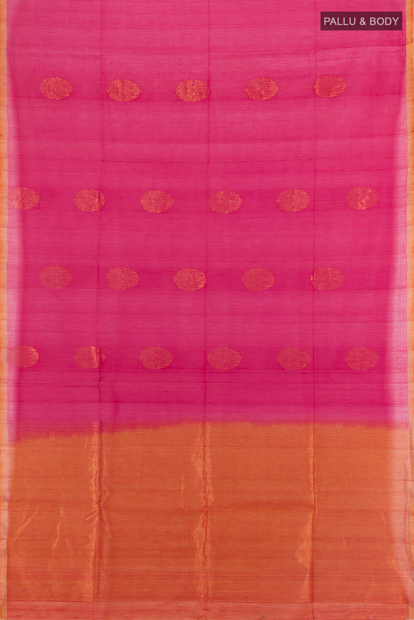 Flat view of Dark Pink Silk Cotton Saree with Zari Butta on the body and Zari Border. 