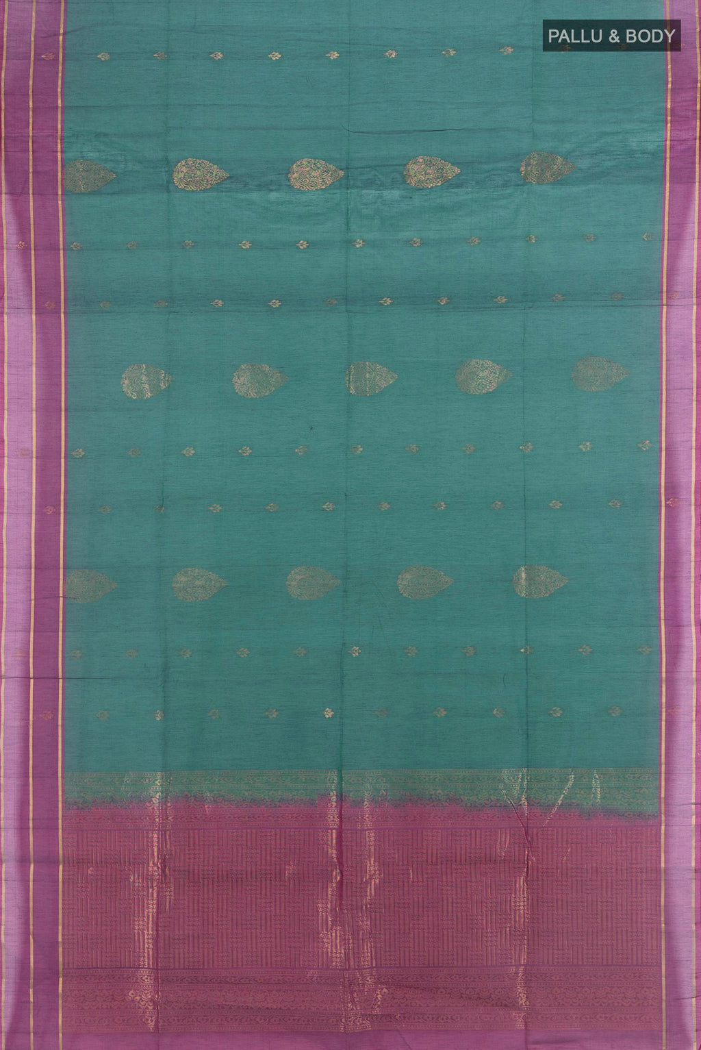 Flat view of Peacock Blue Silk Cotton Saree with Zari Butta on the body and Plain Border. 