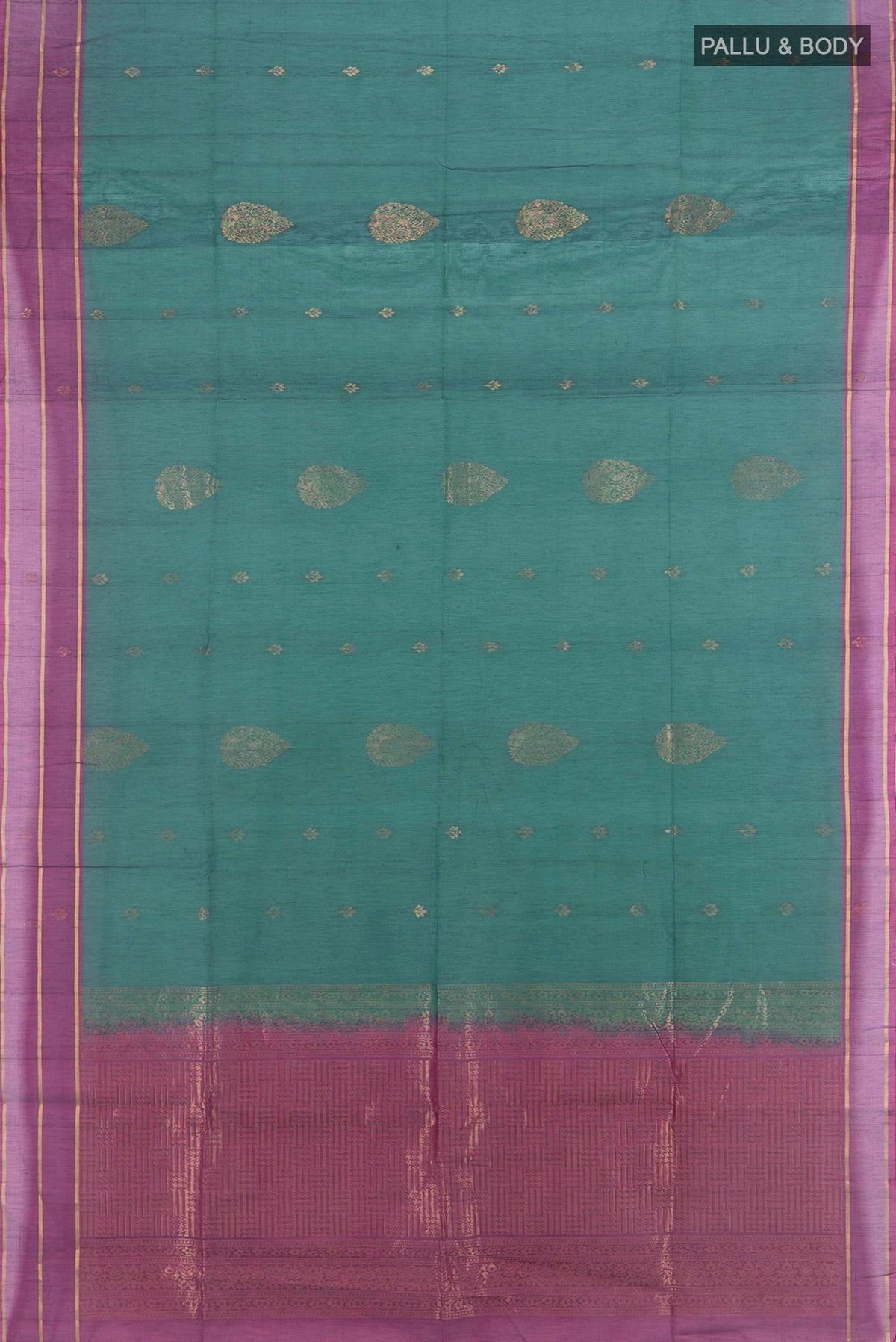 Flat view of Peacock Blue Silk Cotton Saree with Zari Butta on the body and Plain Border. 