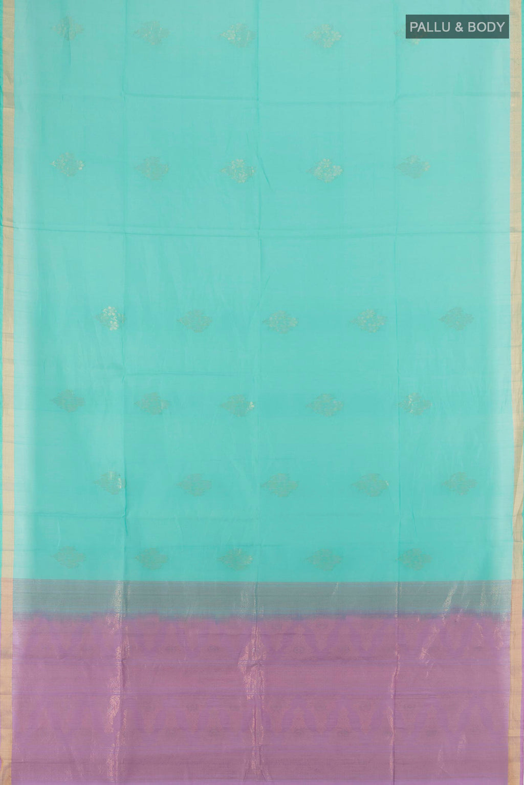 Flat view of Turquoise Silk Cotton Saree with Zari Butta on the body and Zari Border. 