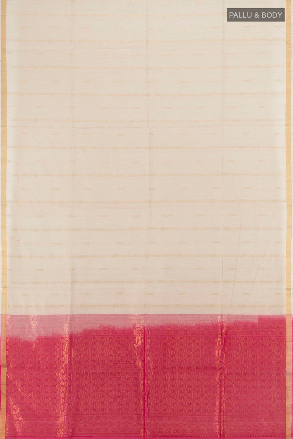 Flat view of Cream Silk Cotton Saree with Zari Butta on the body and Zari Border. 