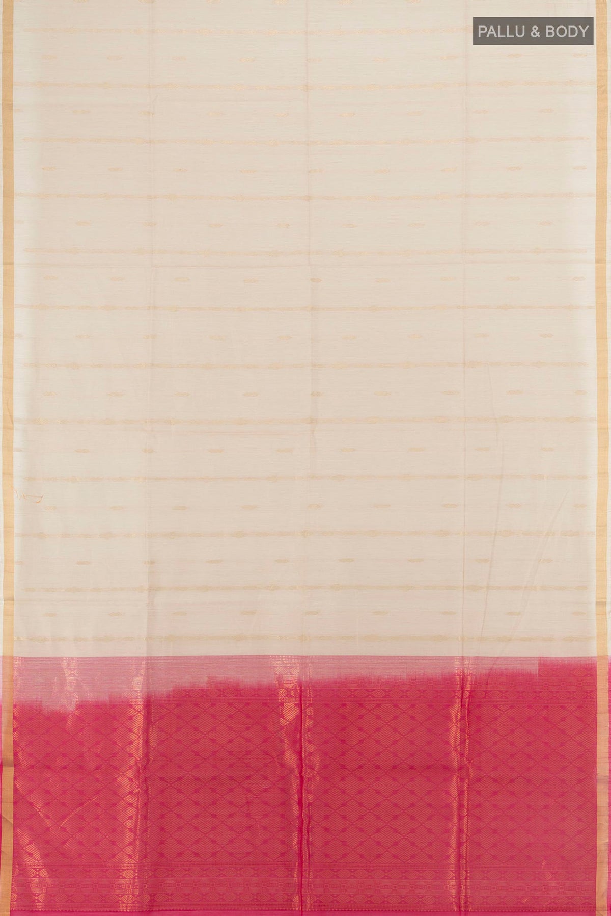 Flat view of Cream Silk Cotton Saree with Zari Butta on the body and Zari Border. 