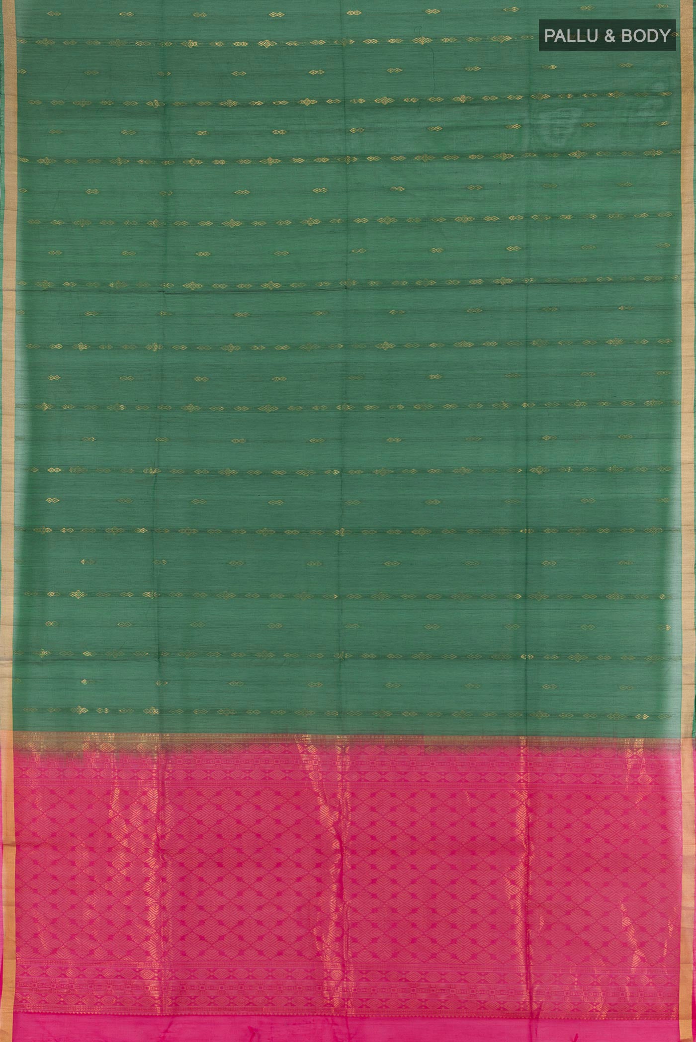 Flat view of Bottle Green Silk Cotton Saree with Zari Butta on the body and Zari Border. 