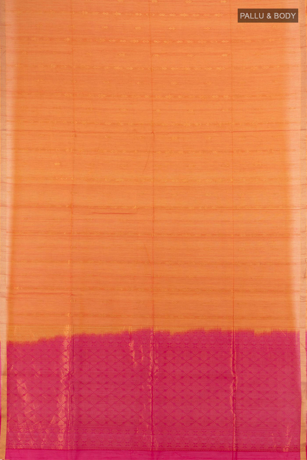 Flat view of Mustard Silk Cotton Saree with Zari Butta on the body and Zari Border. 