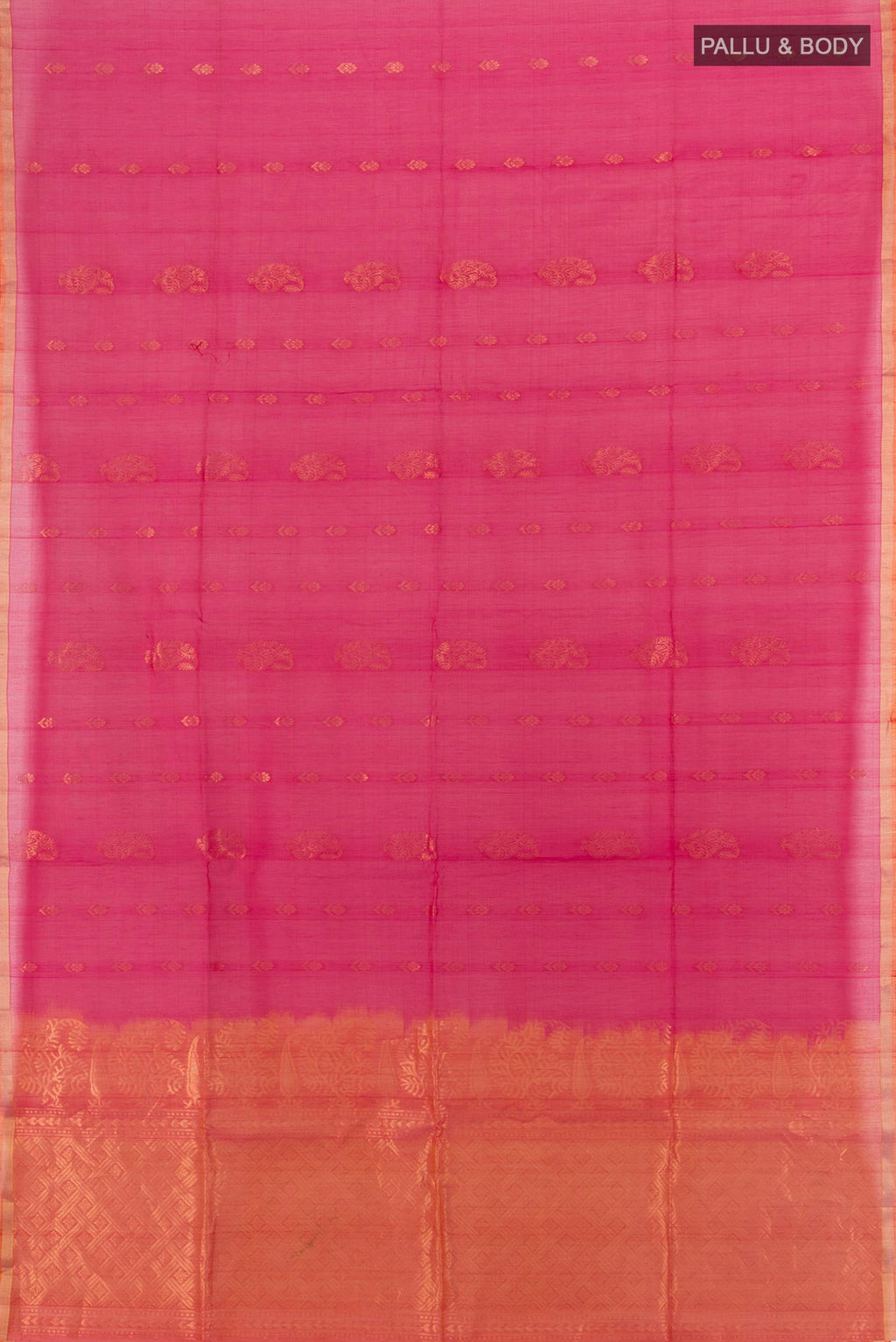 Flat view of Dark Pink Silk Cotton Saree with Zari Butta on the body and Zari Border. 