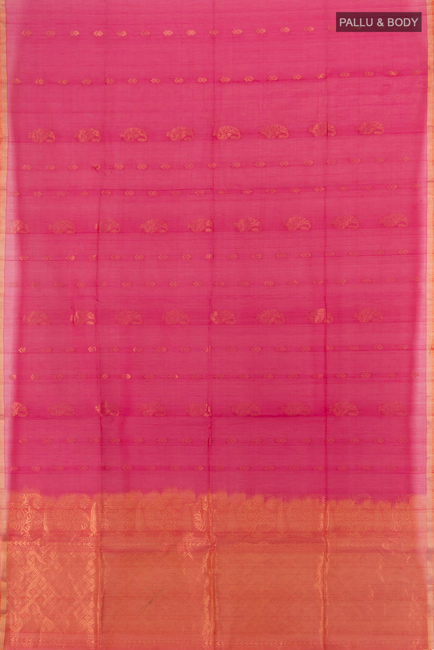 Flat view of Dark Pink Silk Cotton Saree with Zari Butta on the body and Zari Border. 