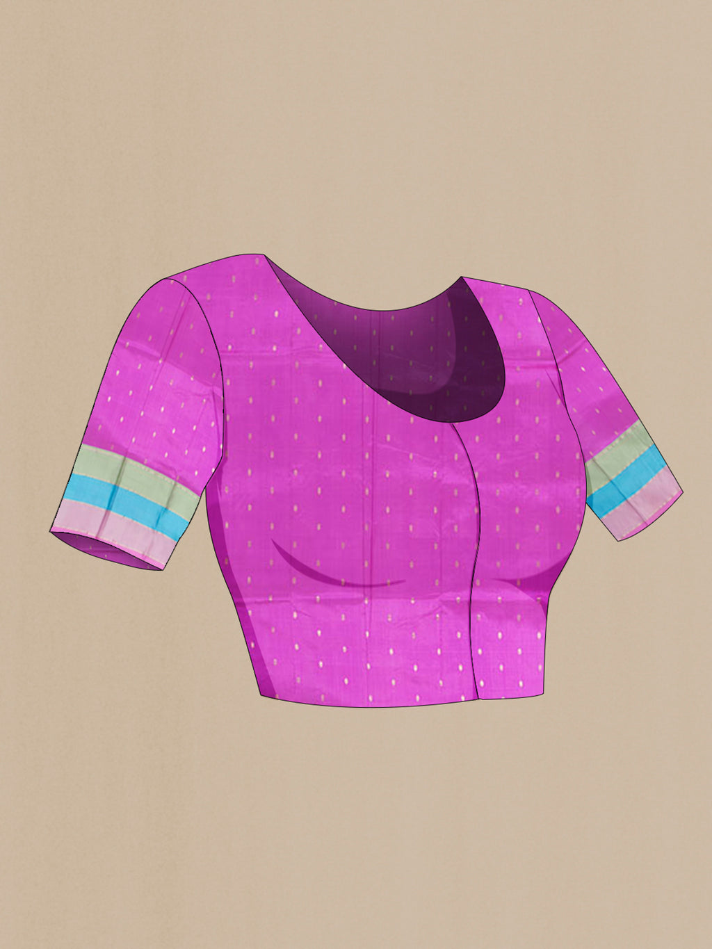Close up image of the blouse of Pure Silk Rose Gold Banarasi Katan Saree with Zari Butta on the body and Zari Border. 
