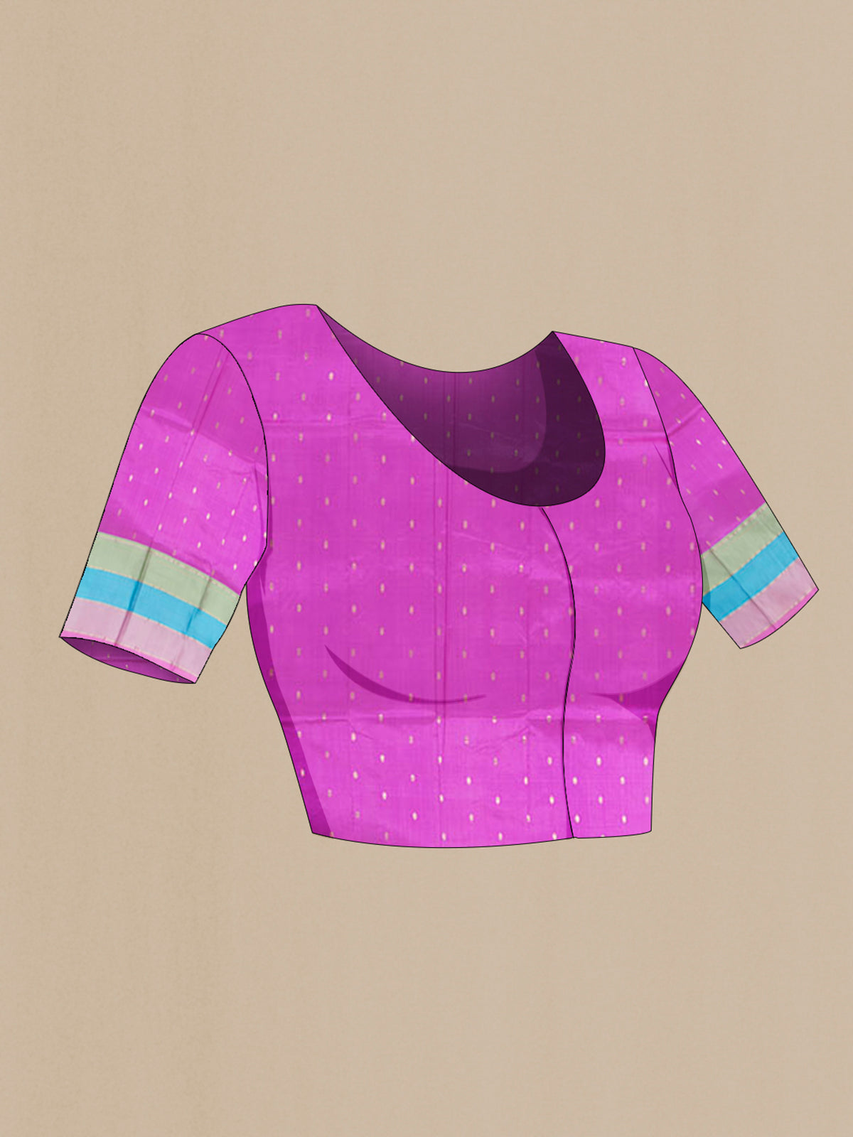 Close up image of the blouse of Pure Silk Rose Gold Banarasi Katan Saree with Zari Butta on the body and Zari Border. 