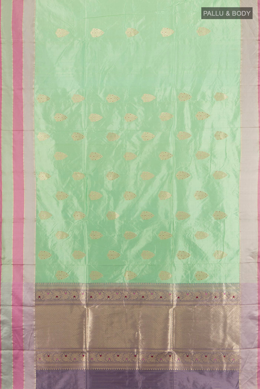 Flat view of Mint Green Banarasi Katan Silk Saree with Zari Butta on the body and Zari Border. 