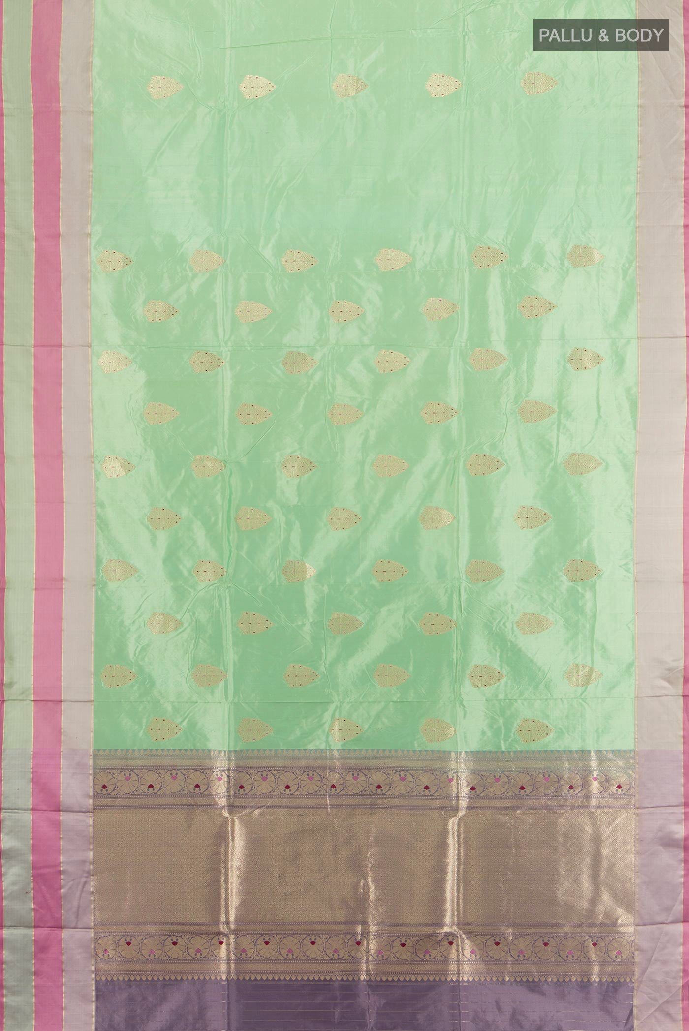 Flat view of Mint Green Banarasi Katan Silk Saree with Zari Butta on the body and Zari Border. 