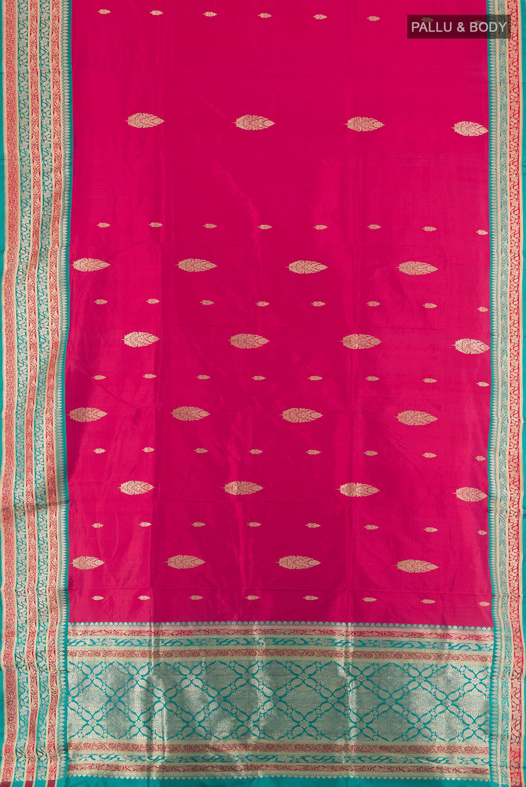 Flat view of Pure Silk Pink Banarasi Katan Saree with Zari Butta on the body and Zari Border. 