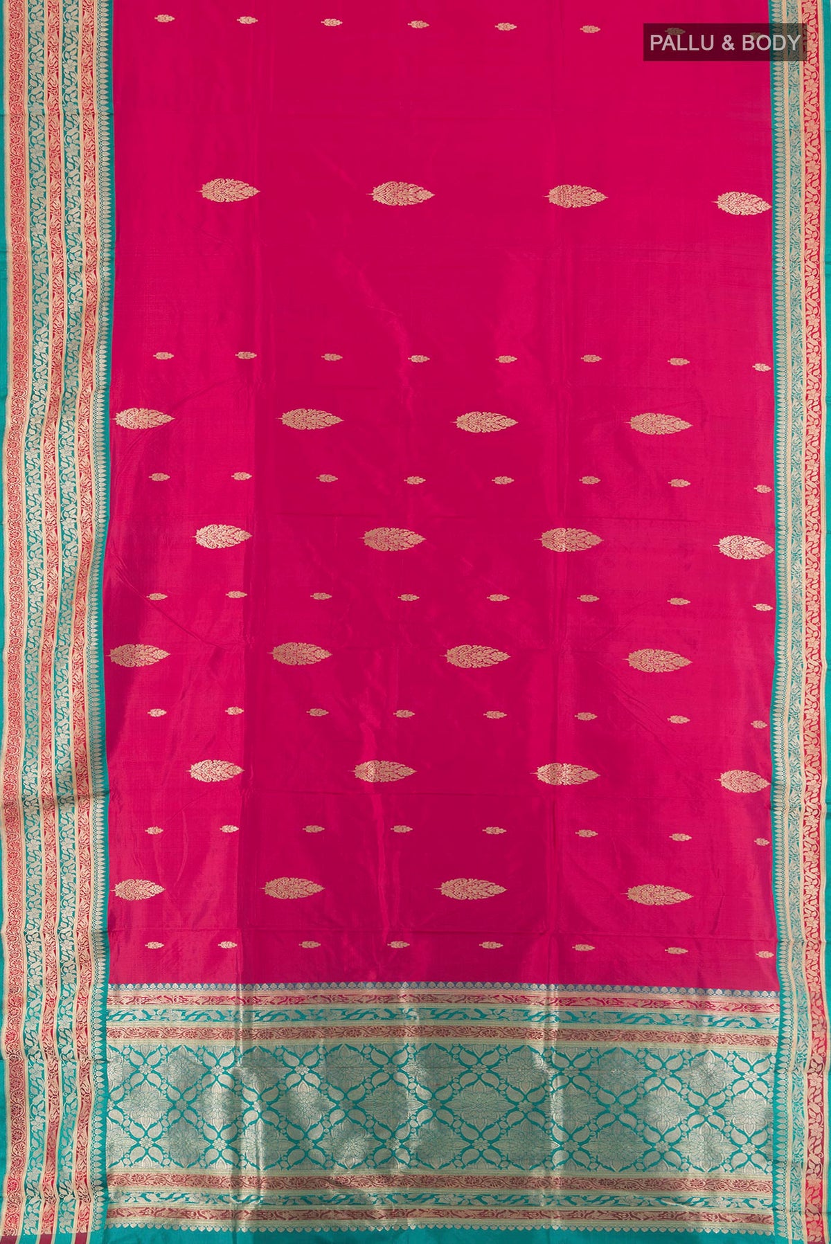 Flat view of Pure Silk Pink Banarasi Katan Saree with Zari Butta on the body and Zari Border. 