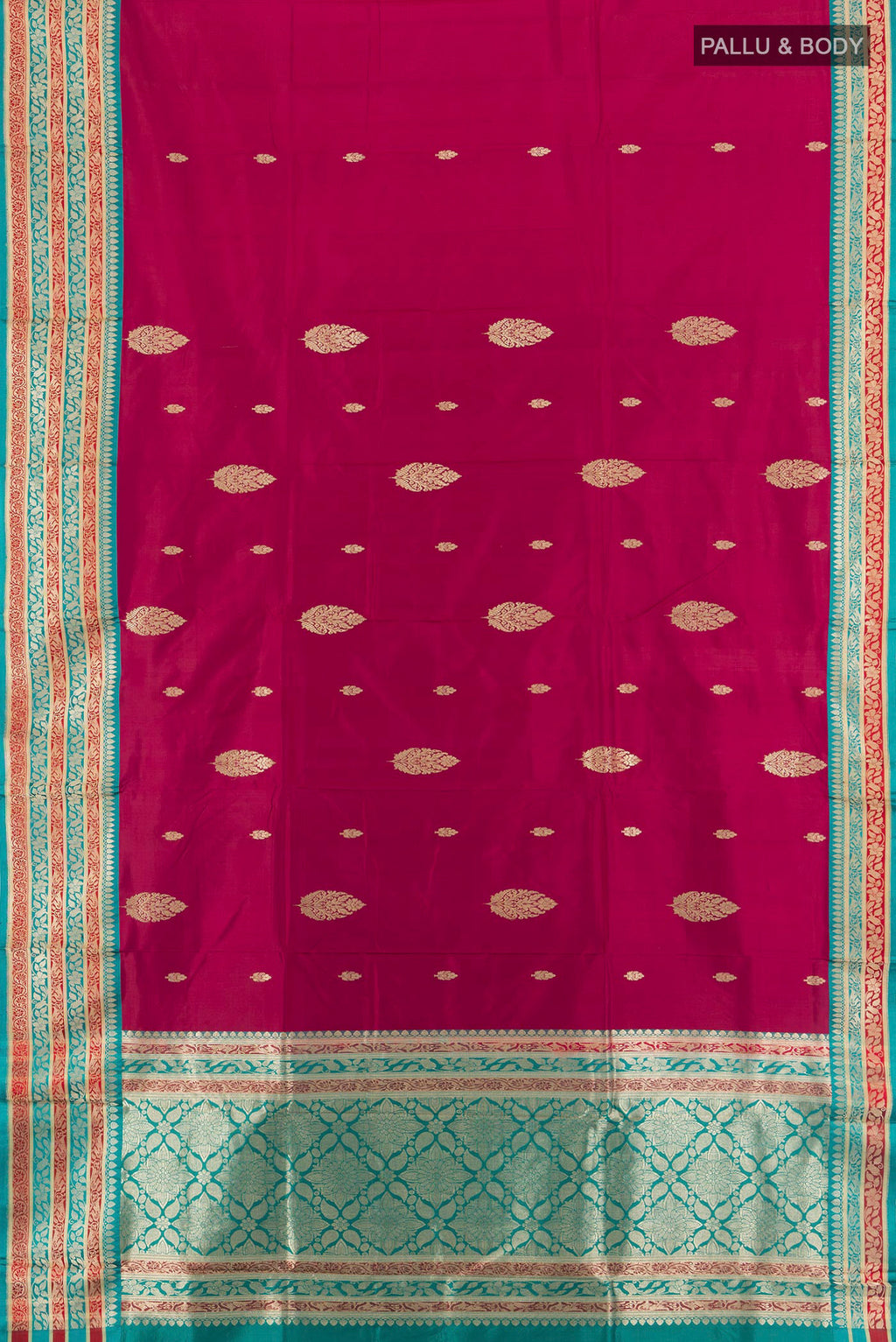 Flat view of Maroon Banarasi Katan Silk Saree with Zari Butta on the body and Zari Border. 