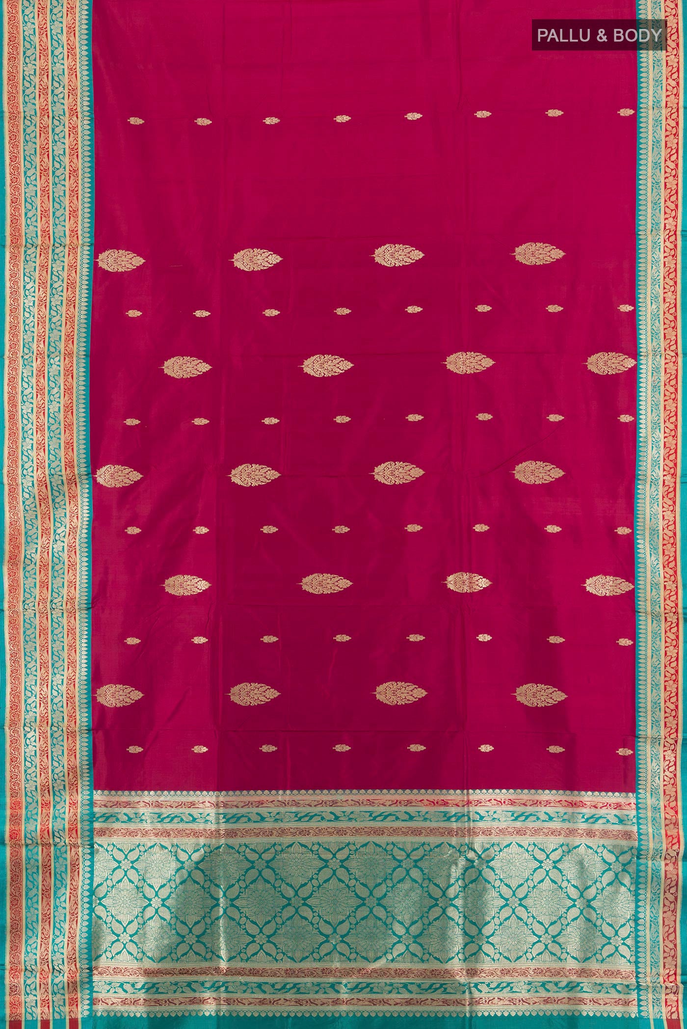 Flat view of Maroon Banarasi Katan Silk Saree with Zari Butta on the body and Zari Border. 