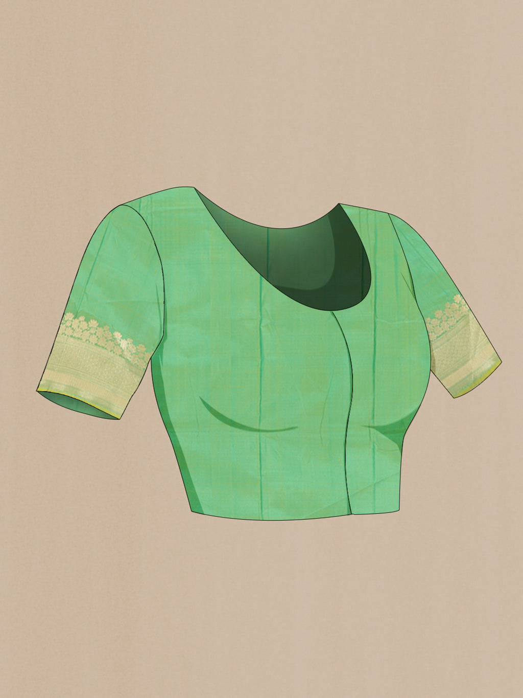 Close up image of the blouse of Light Green Banarasi Katan Silk Saree with Zari Butta on the body and Zari Border. 