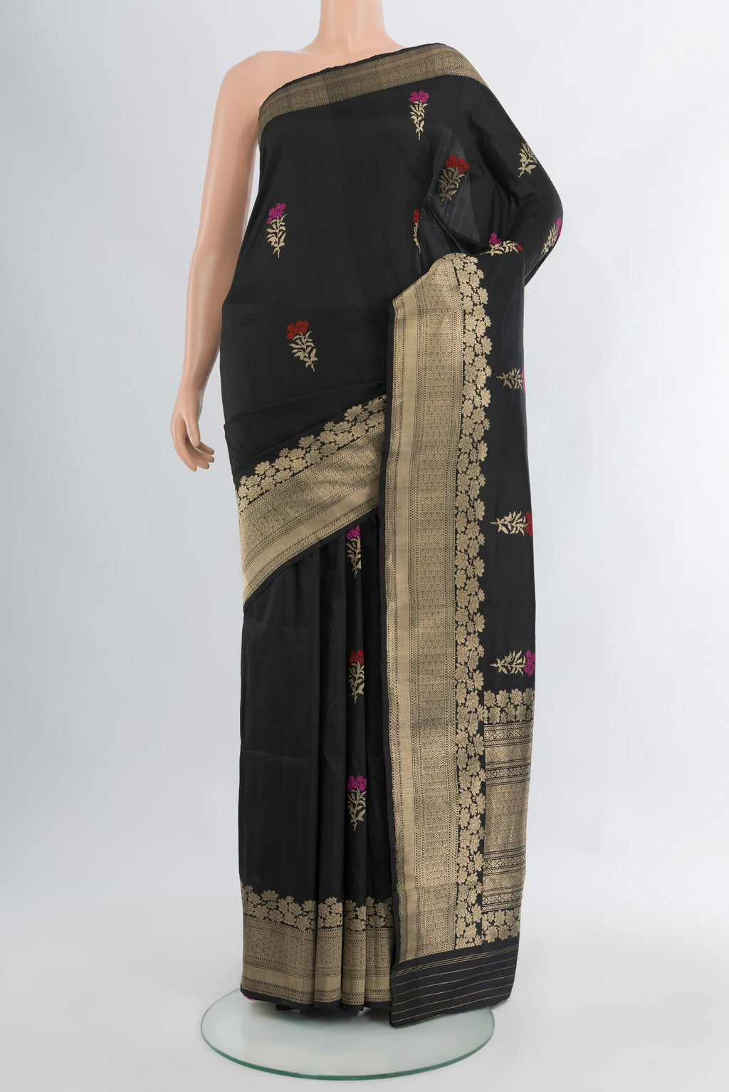 Black Banarasi Katan Silk Saree with Zari Butta on the body and Fancy Border.  displayed on a mannequin