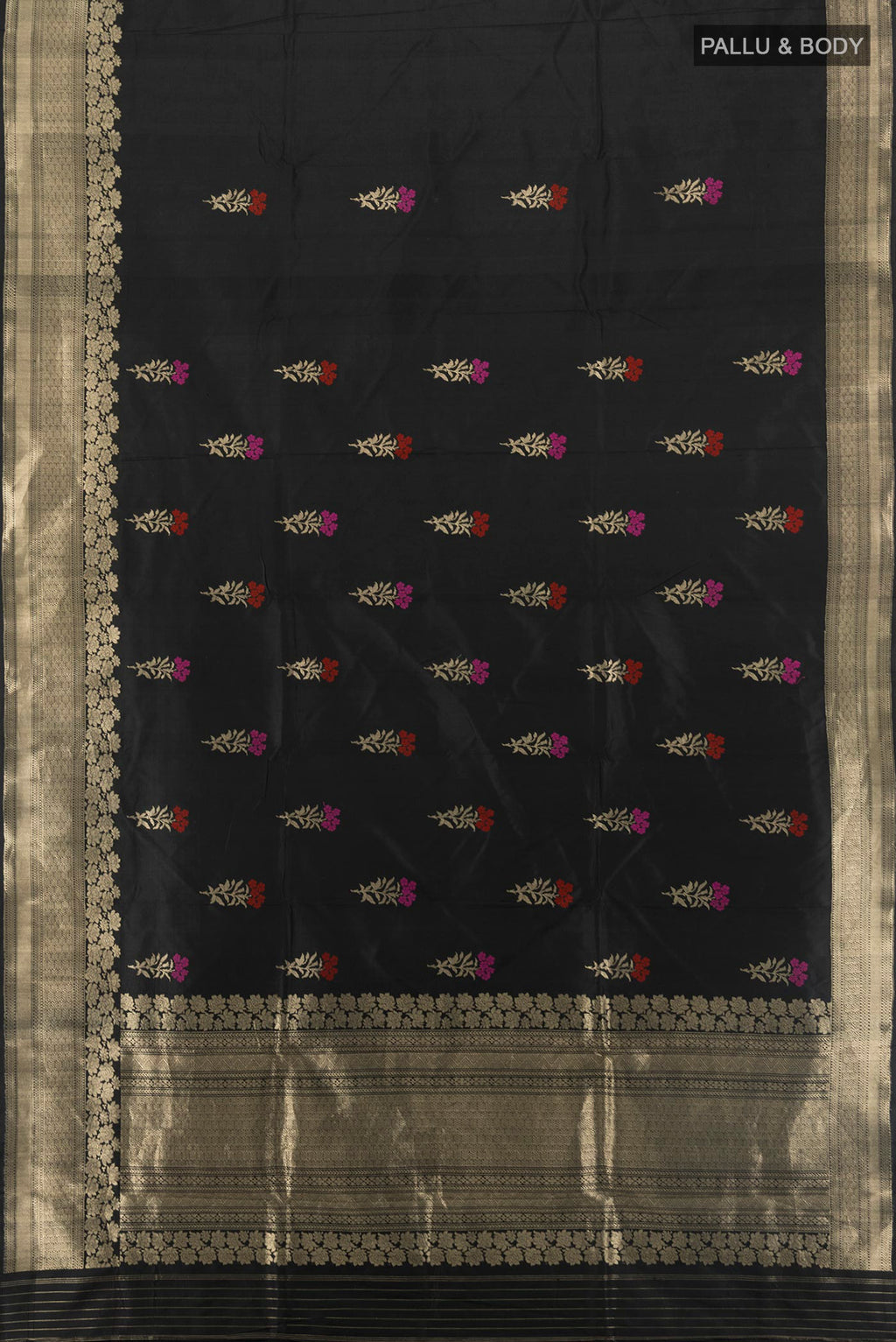 Flat view of Black Banarasi Katan Silk Saree with Zari Butta on the body and Fancy Border. 