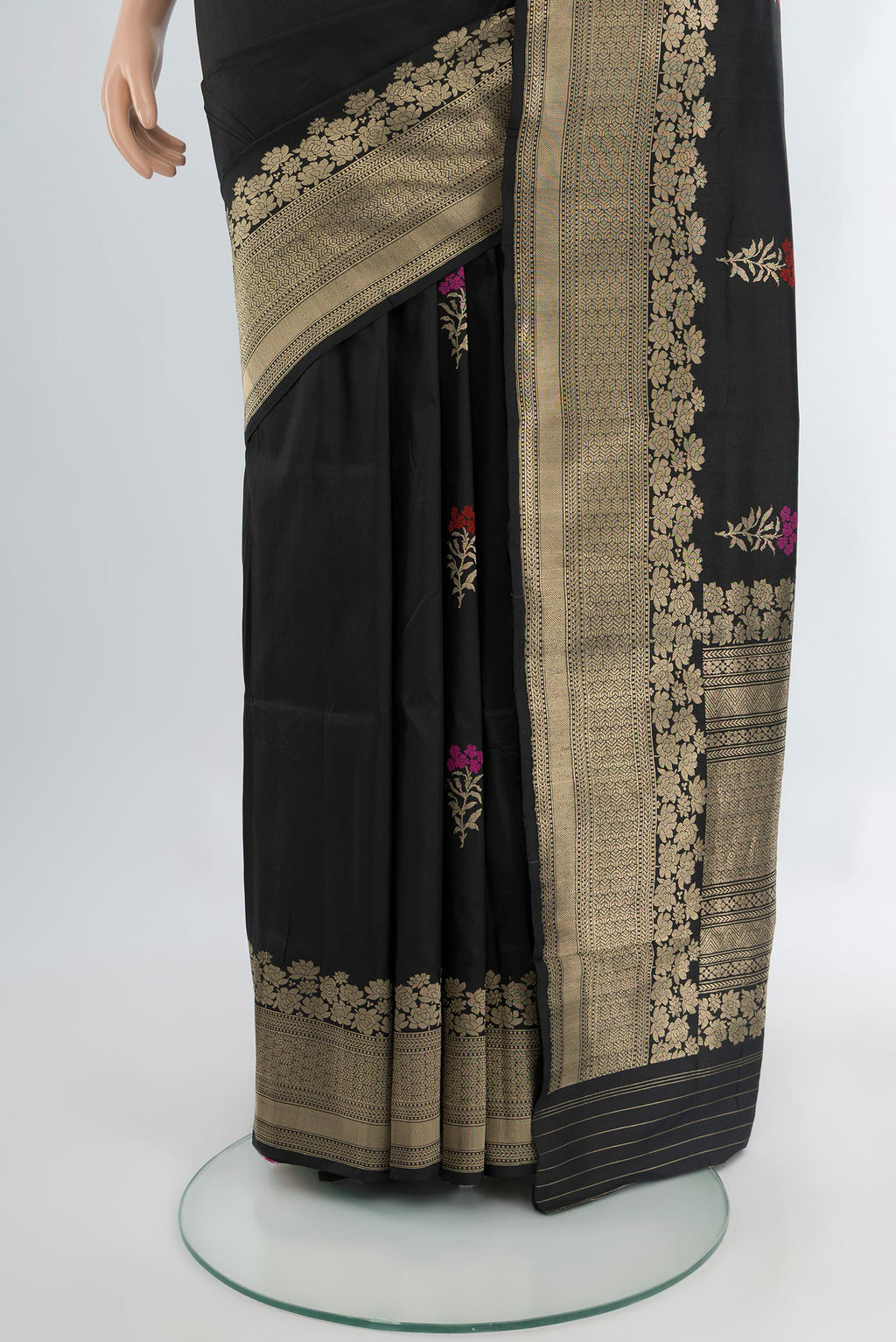 Pleats and pallu of Black Banarasi Katan Silk Saree with Zari Butta on the body and Fancy Border. 