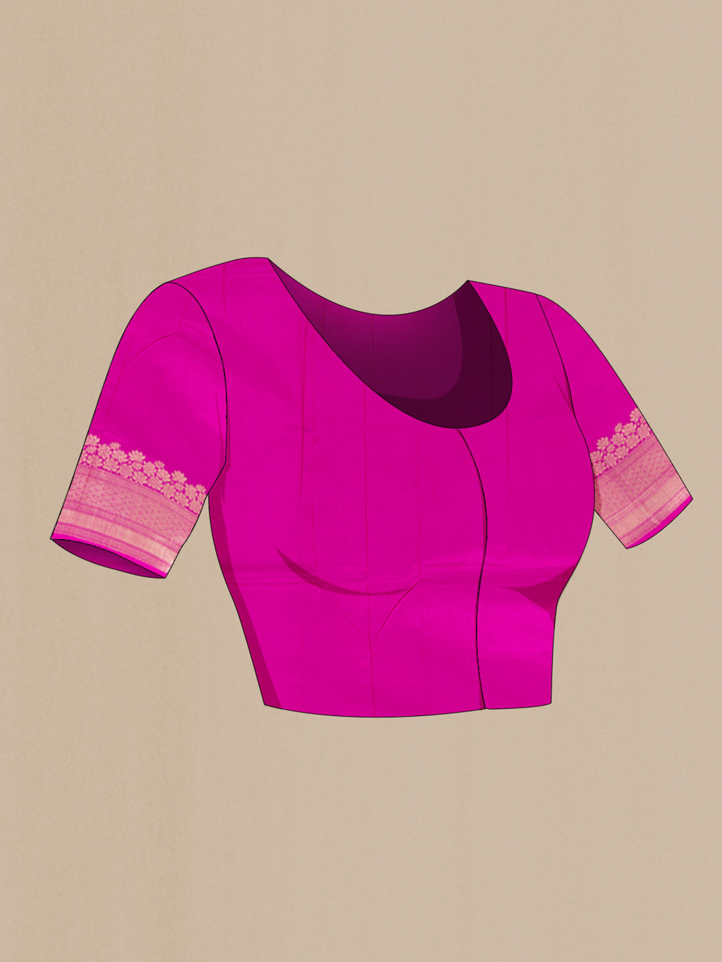 Close up image of the blouse of Rani Pink Banarasi Katan Silk Saree with Zari Butta on the body and Zari Border. 