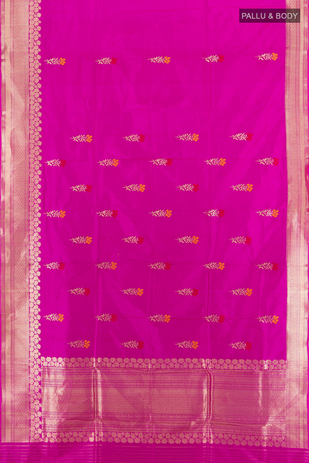 Flat view of Rani Pink Banarasi Katan Silk Saree with Zari Butta on the body and Zari Border. 