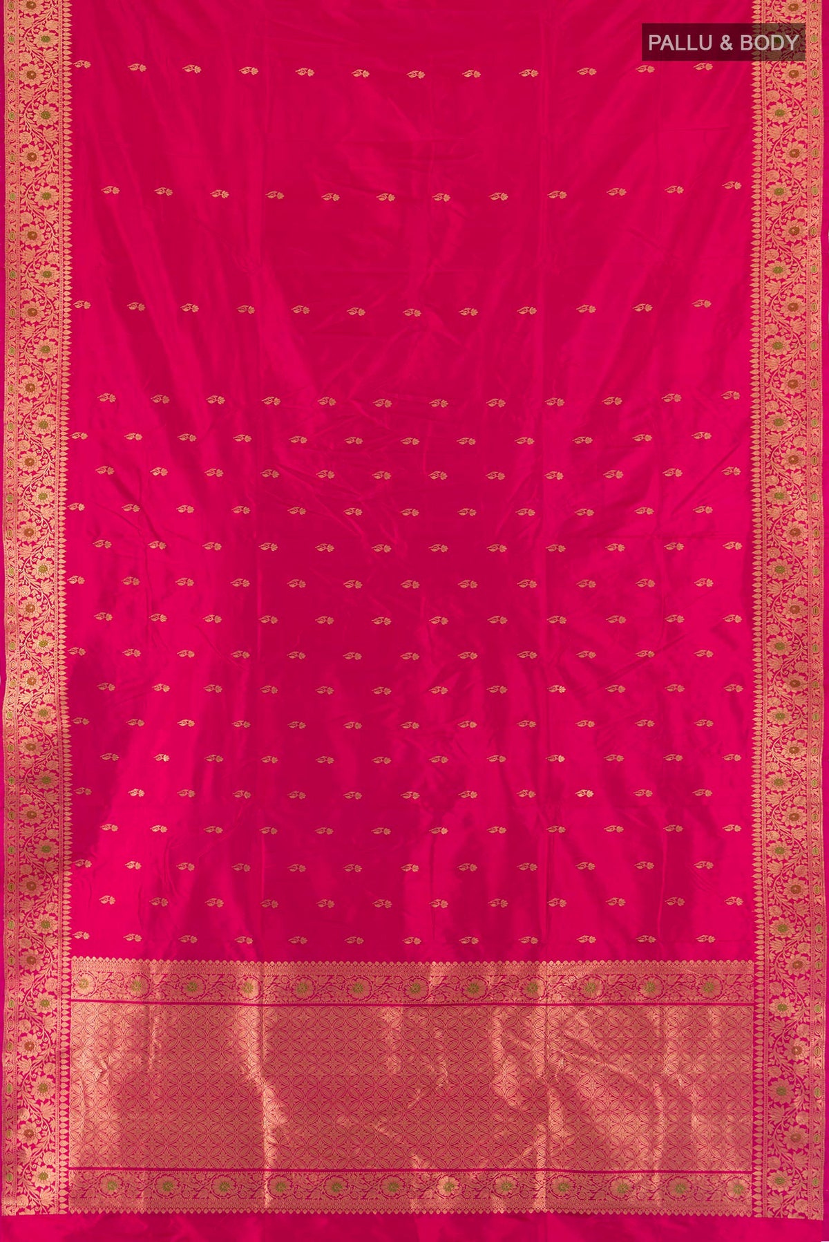 Flat view of Pure Silk Dark Pink Banarasi Katan Saree with Zari Butta on the body and Zari Border. 