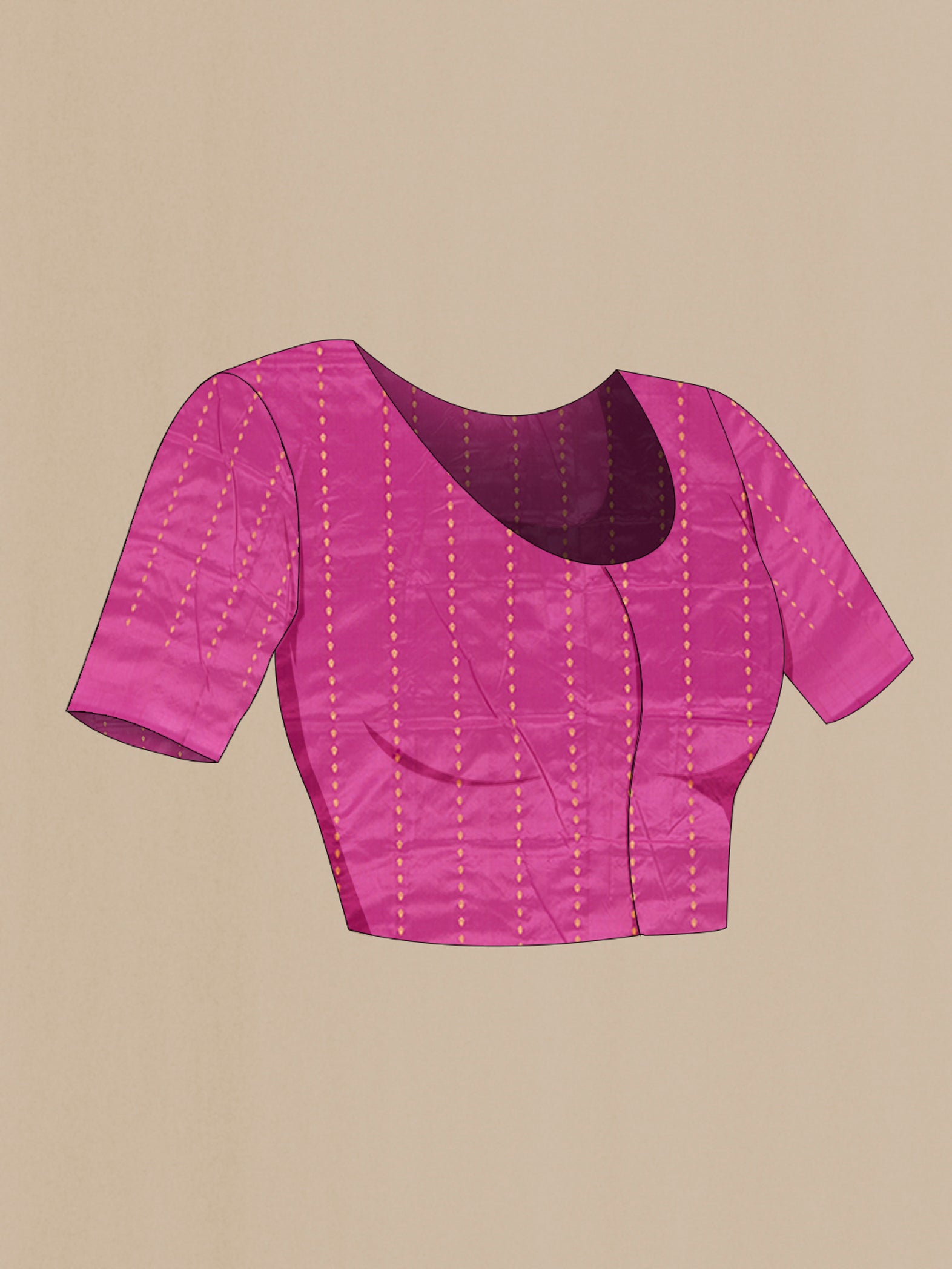 Close up image of the blouse of Pink Banarasi Katan Silk Saree with Zari Butta on the body and Zari Border. 