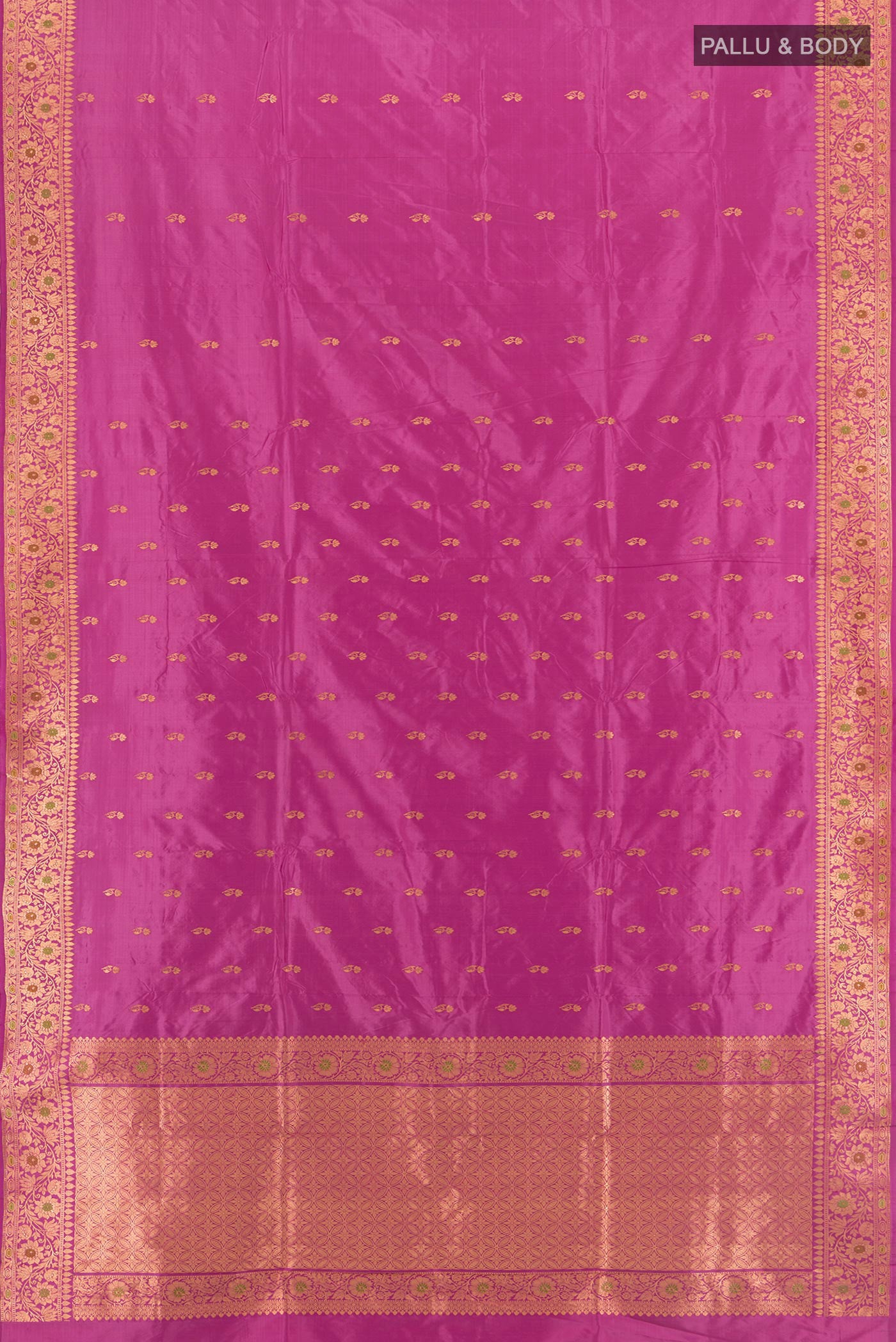 Flat view of Pink Banarasi Katan Silk Saree with Zari Butta on the body and Zari Border. 