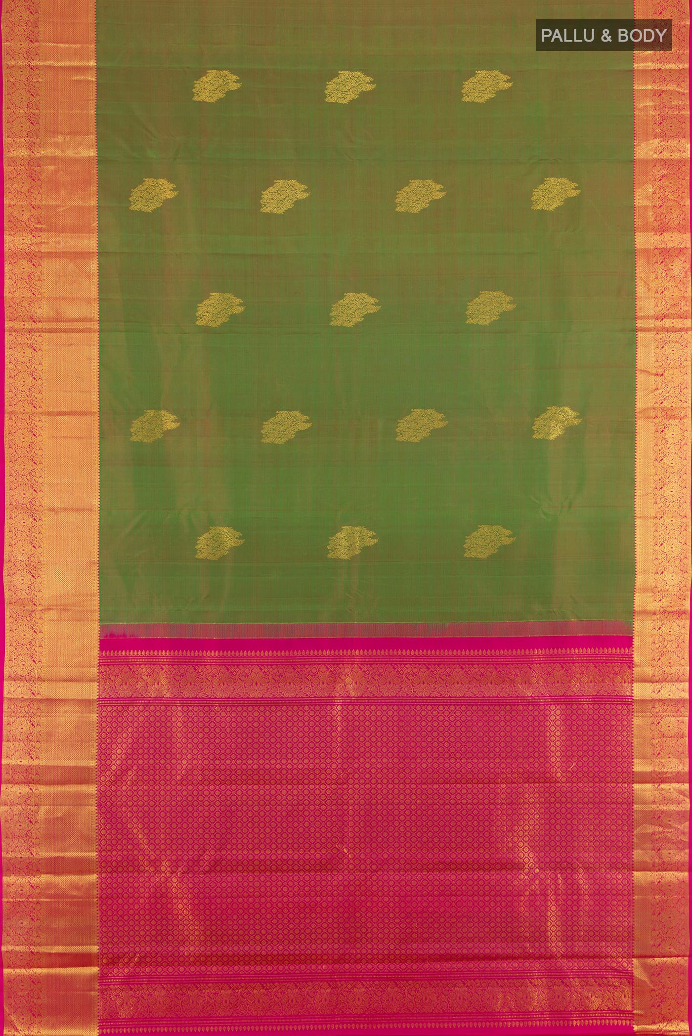 Flat view of Pure Silk Pure Zari Light Green Kanjivaram Saree with Zari Butta on the body and Silk Border. 