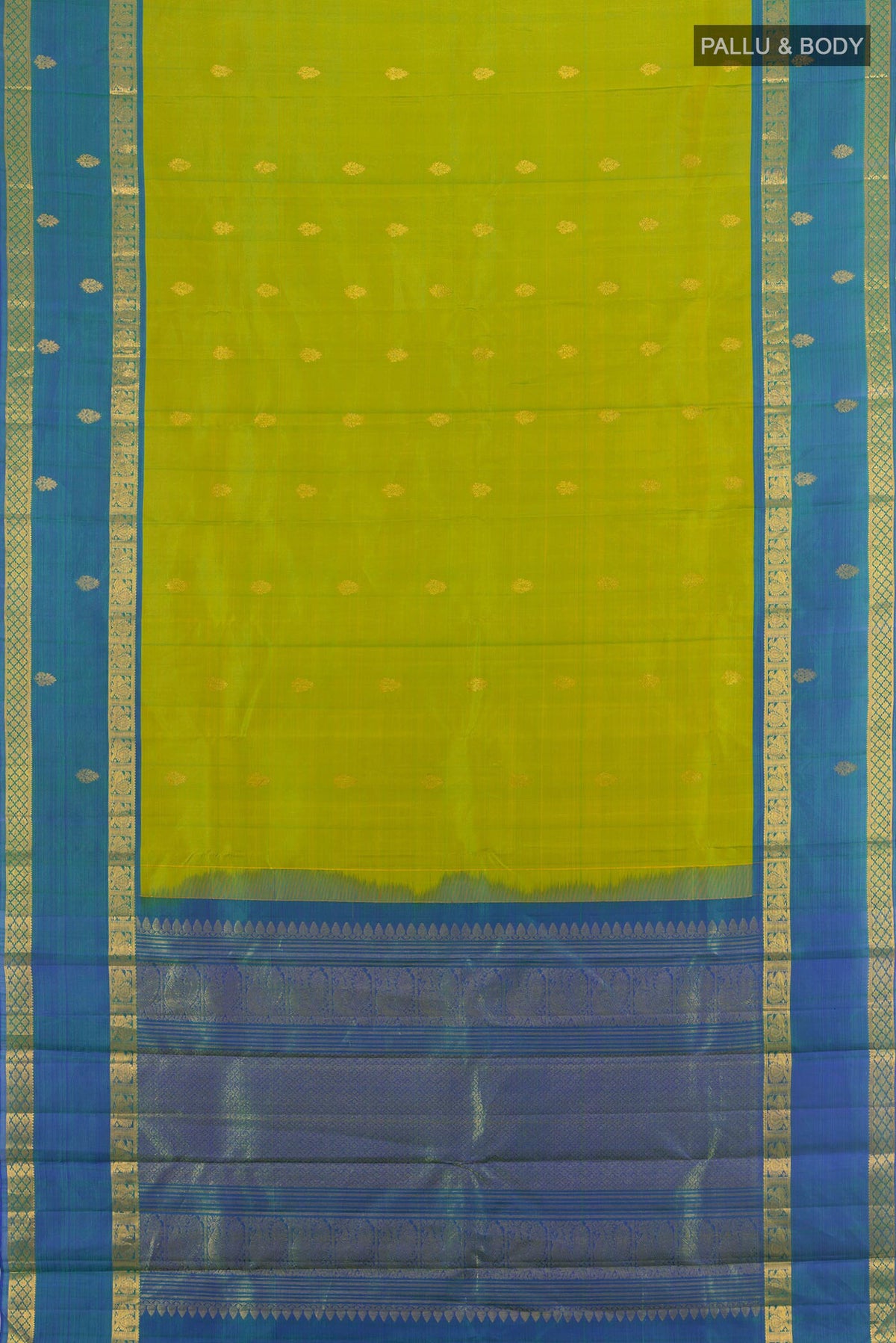 Flat view of Pure Silk Green Kanjivaram Saree with Zari Butta on the body and Zari Border. 
