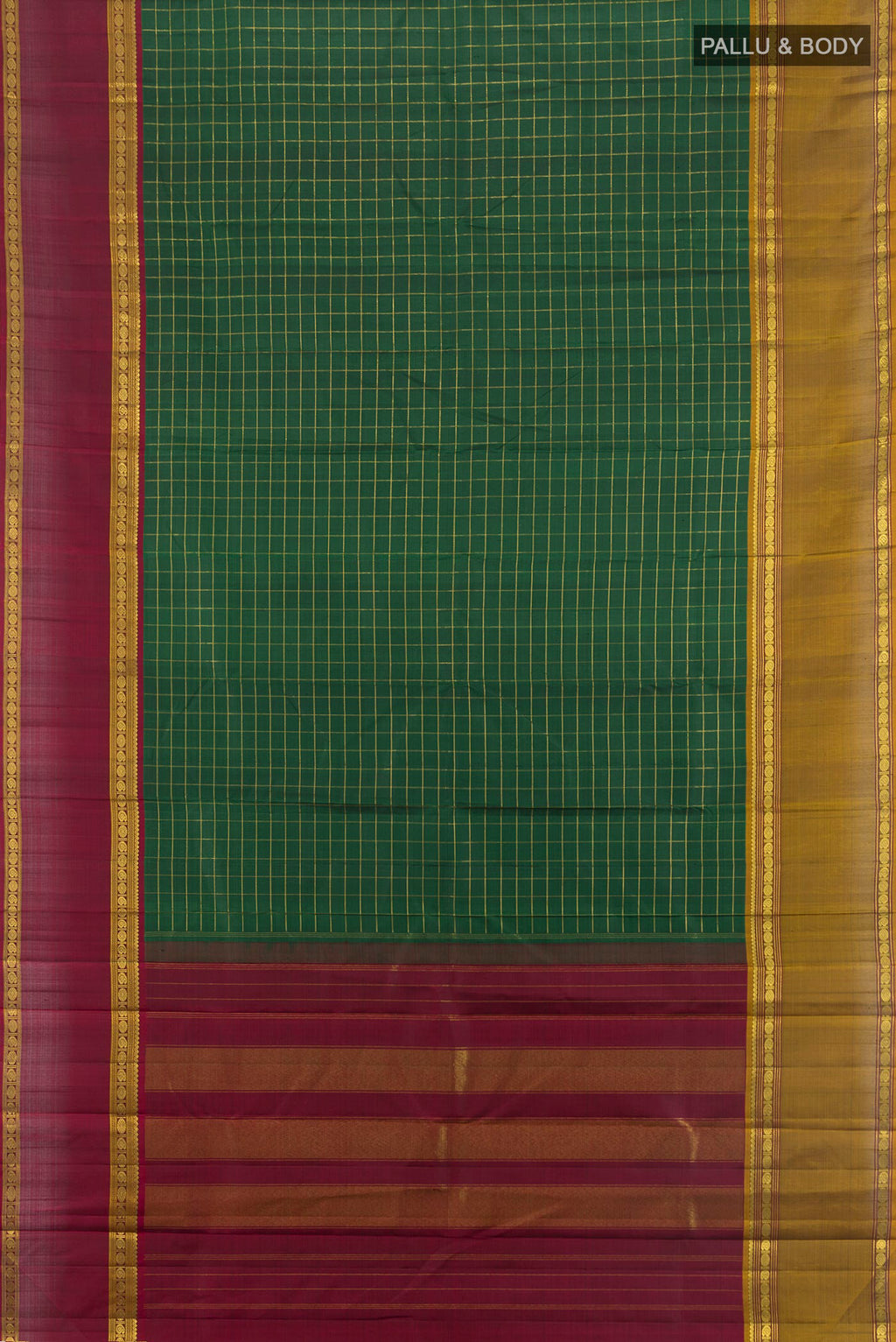 Flat view of Pure Silk Bottle Green Kanjivaram Saree with Checked design on the body and Ganga Jamuna Border. 