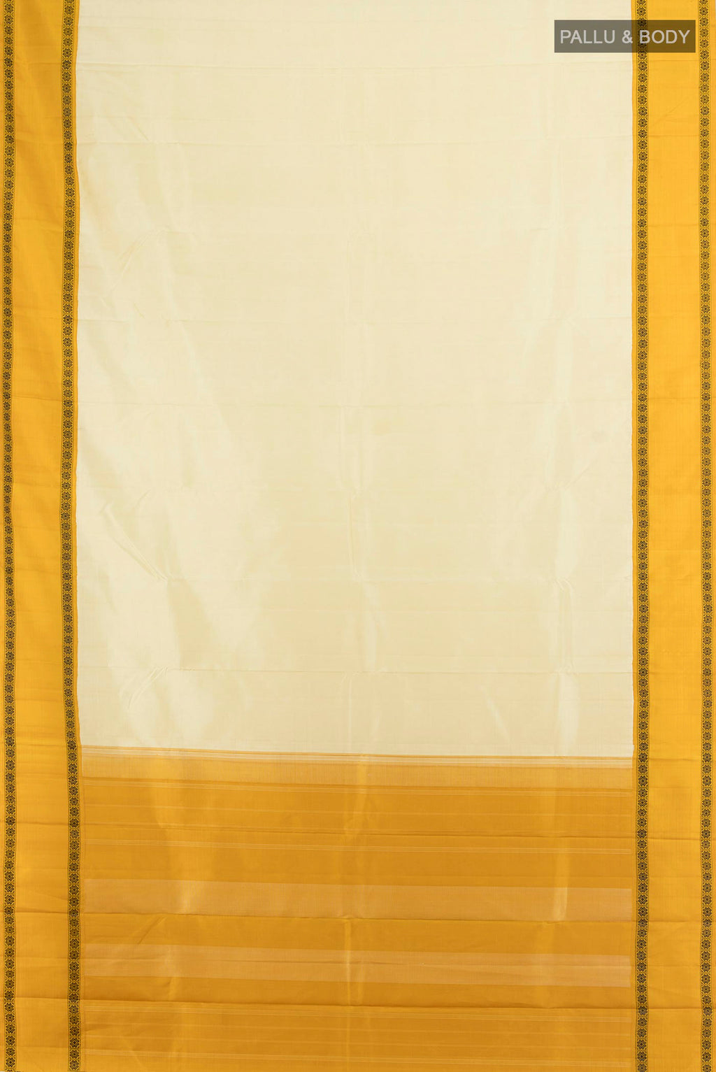 Flat view of Pure Silk Cream Kanjivaram Saree with Plain Body and Silk Border. 
