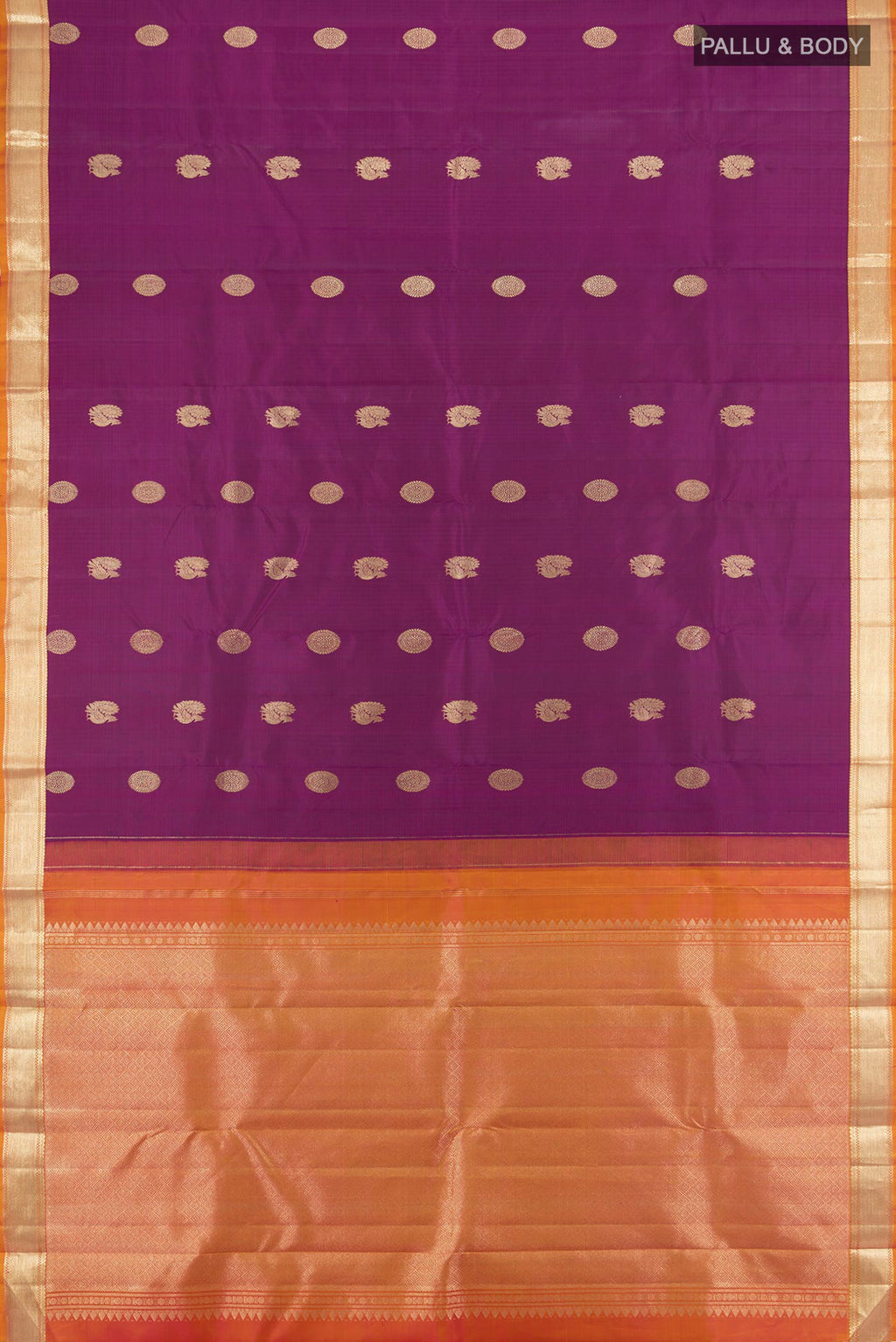 Flat view of Purple Kanchipuram Silk Saree with Zari Butta on the body and Zari Border. 