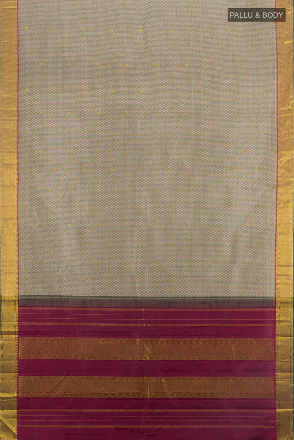 Flat view of Grey Kanchipuram Silk Saree with Jacquard With Zari Butta on the body and Zari Border. 