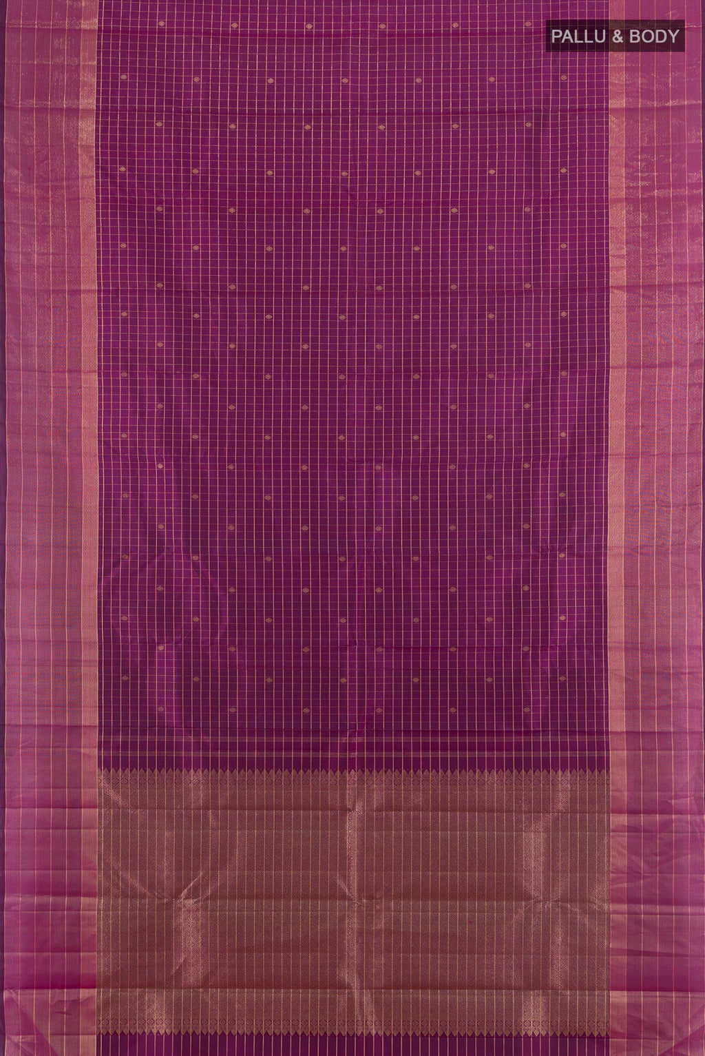 Flat view of Pure Silk Purple Kanchipuram Saree with Checked design on the body and Silk Border. 