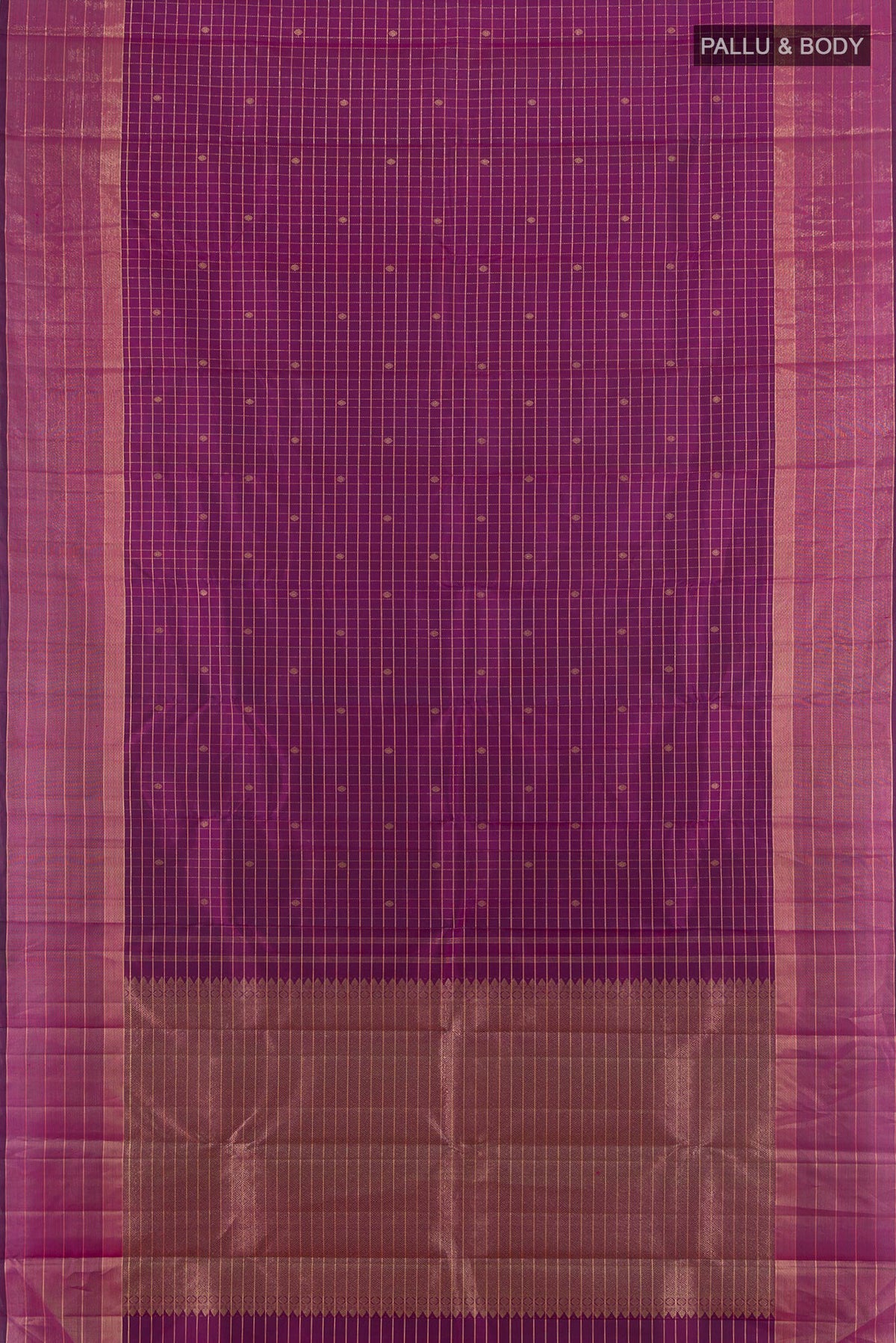 Flat view of Pure Silk Purple Kanchipuram Saree with Checked design on the body and Silk Border. 