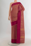 Pure Silk Maroon Kanchipuram Saree with Zari Butta on the body and Plain Border.  displayed on a mannequin