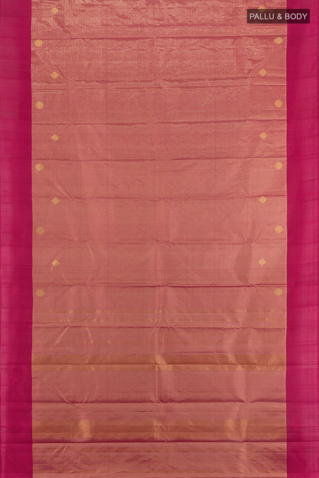 Flat view of Pure Silk Maroon Kanchipuram Saree with Zari Butta on the body and Plain Border. 