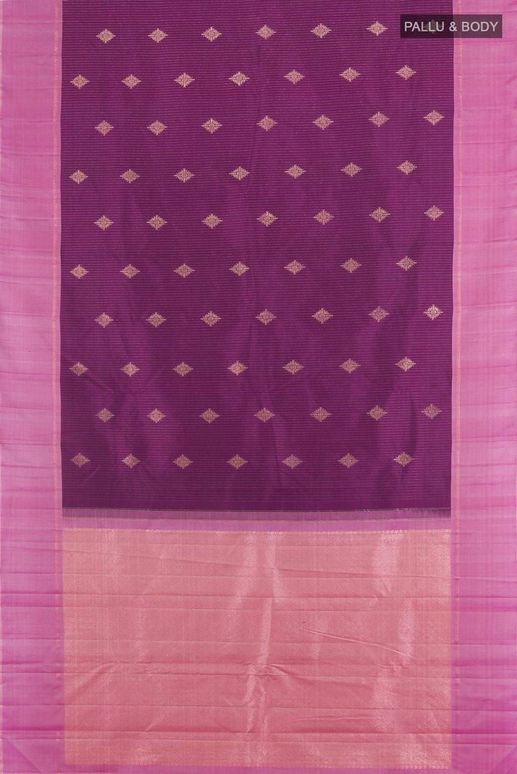 Flat view of Purple Kanjivaram Silk Saree with Zari Butta on the body and Plain Border. 