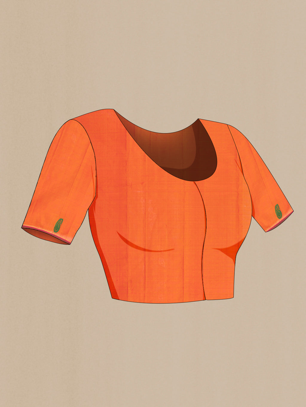 Close up image of the blouse of Sandal Kanchipuram Silk Saree with Plain Body and Thread Border. 