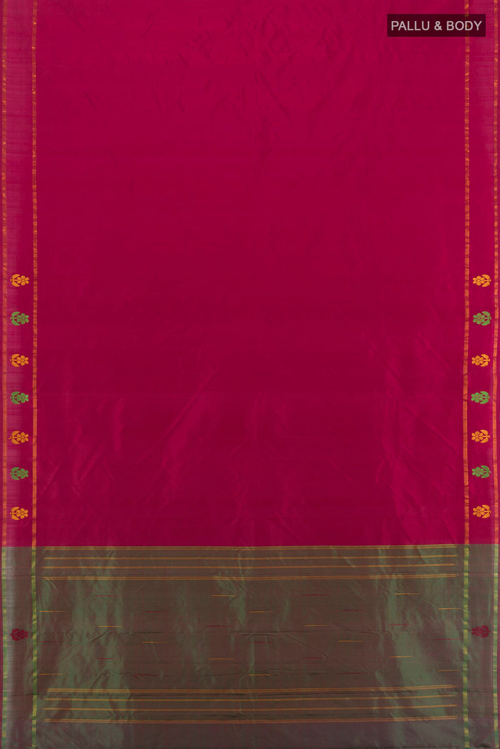 Flat view of Dark Pink Kanchipuram Silk Saree with Plain Body and Zari Border. 