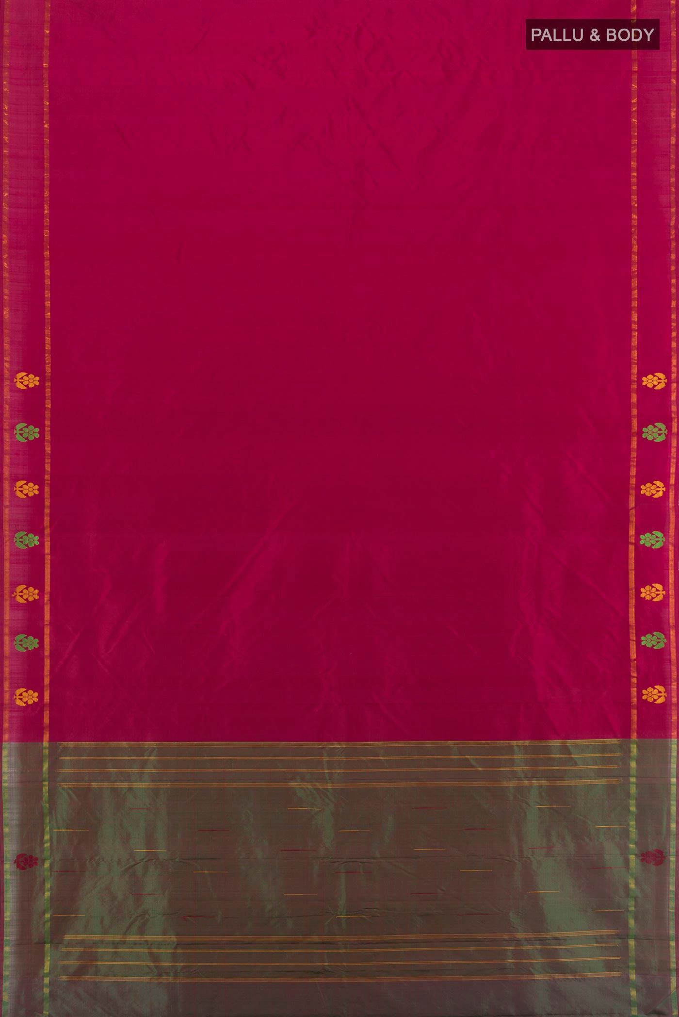Flat view of Dark Pink Kanchipuram Silk Saree with Plain Body and Zari Border. 