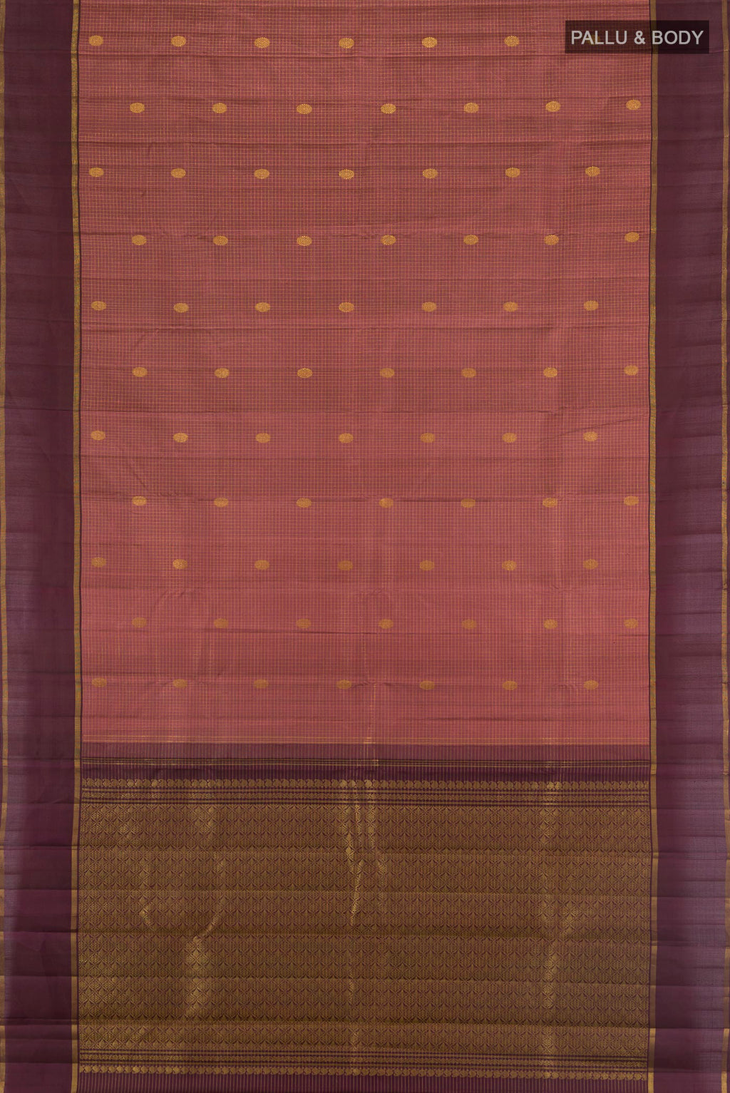 Flat view of Pure Silk Bronze Kanjivaram Saree with Zari Butta on the body and Zari Border. 