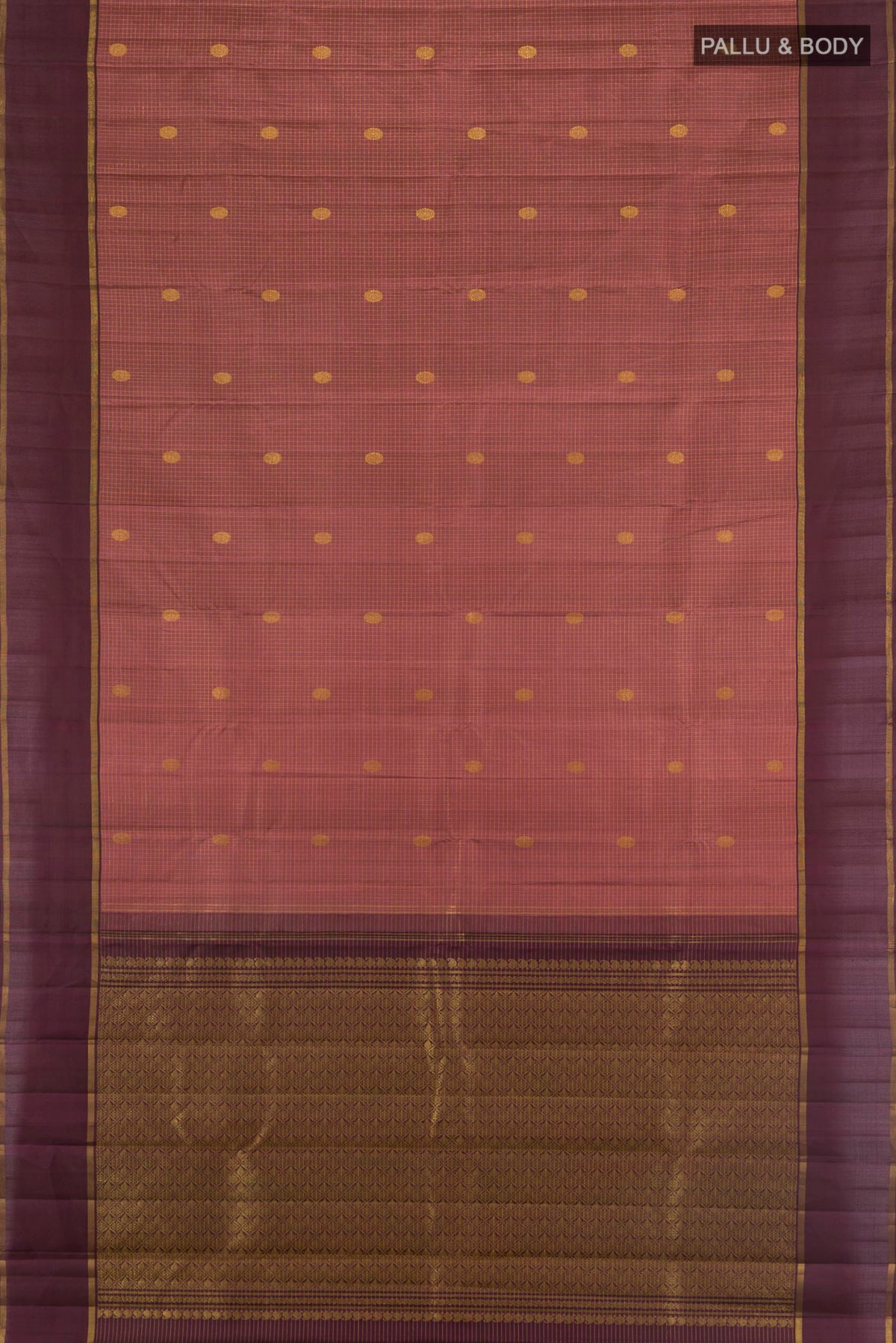 Flat view of Pure Silk Bronze Kanjivaram Saree with Zari Butta on the body and Zari Border. 