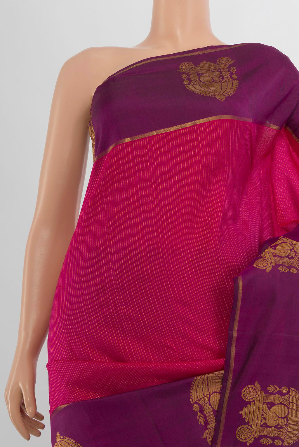 Border image of Pure Silk Pure Zari Dark Pink Kanjivaram Saree with Zari Butta on the body and Silk Border. 