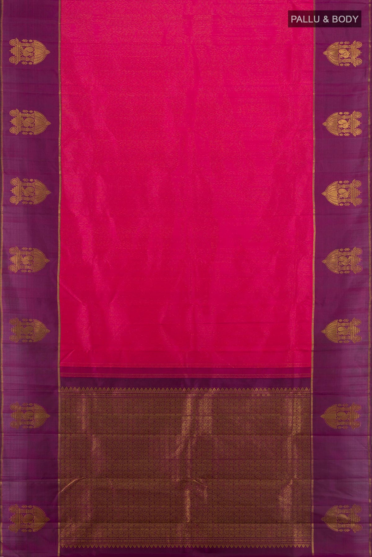 Flat view of Pure Silk Pure Zari Dark Pink Kanjivaram Saree with Zari Butta on the body and Silk Border. 