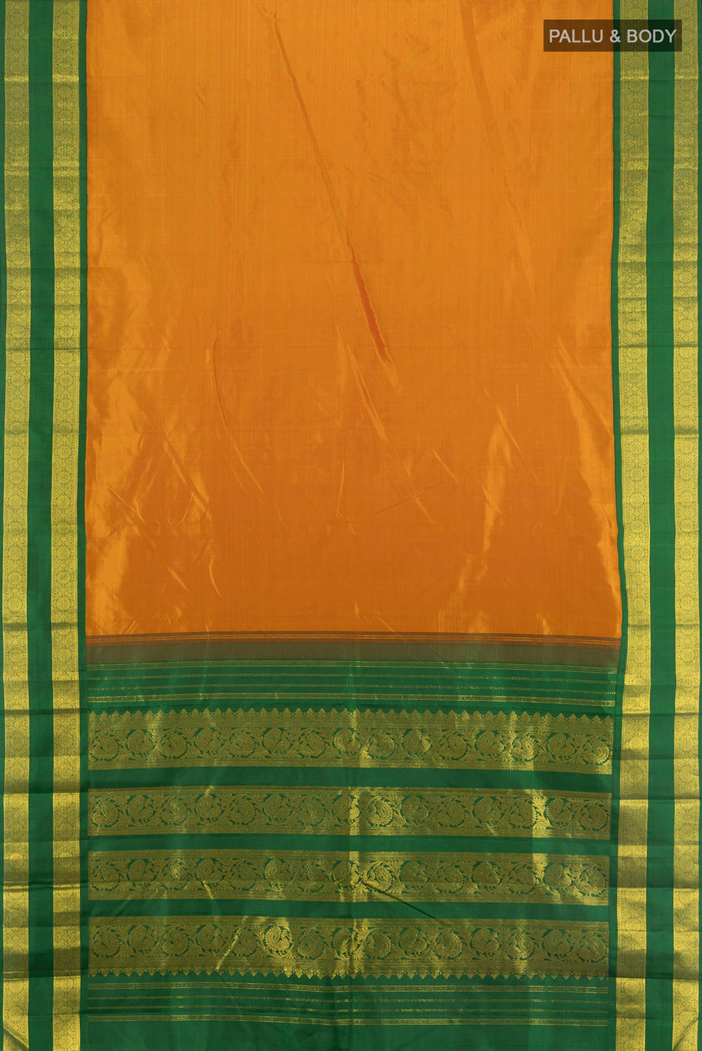 Flat view of Pure Silk Mustard Kanjivaram Saree with Plain Body and Zari Border. 