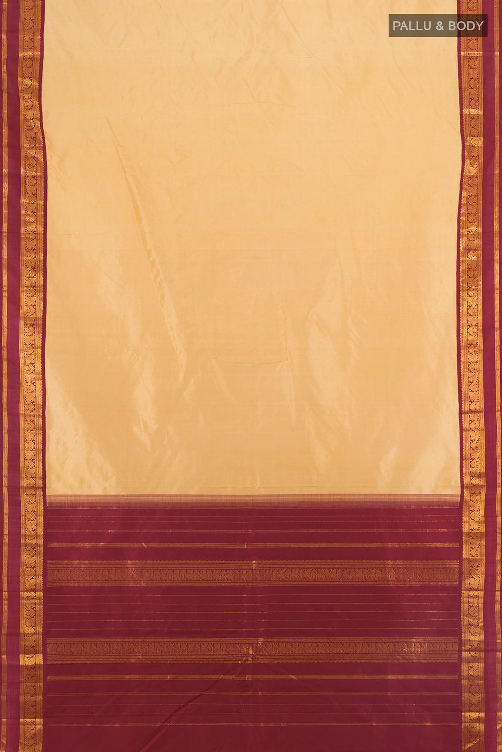 Flat view of Sandal Kanjivaram Silk Saree with Plain Body and Zari Border. 